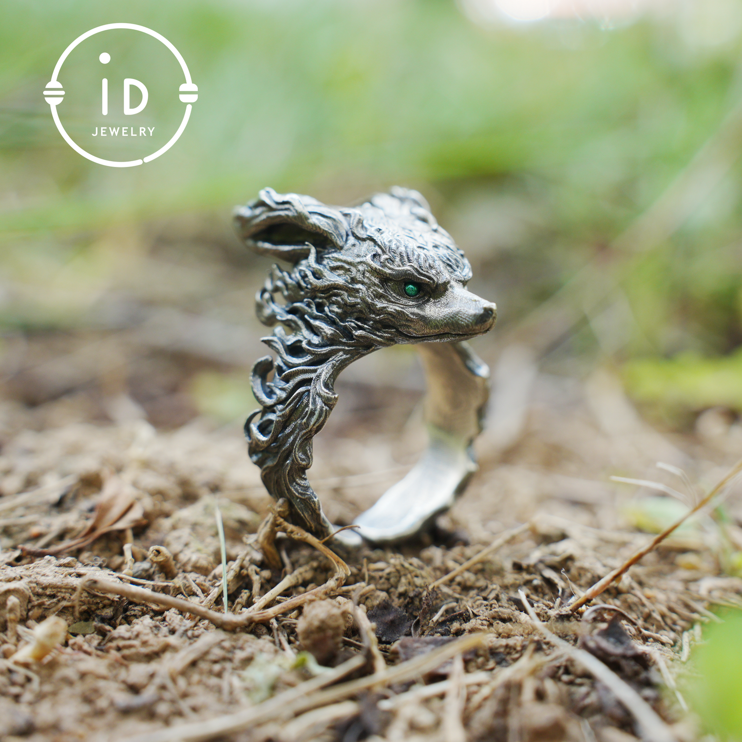 Fox Totem Ring with Green Zircon Eyes, Forest Guardian Amulet, Handmade Animal Jewelry, Mythic Protection Symbol