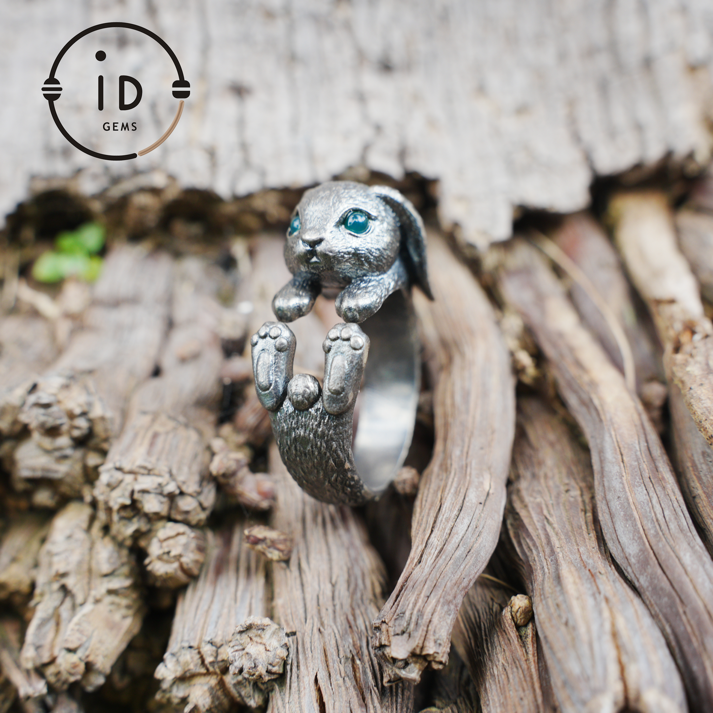 Handcrafted Rabbit Ring with Green Zircon, Spring Awakening Symbol, Unique Silver Jewelry