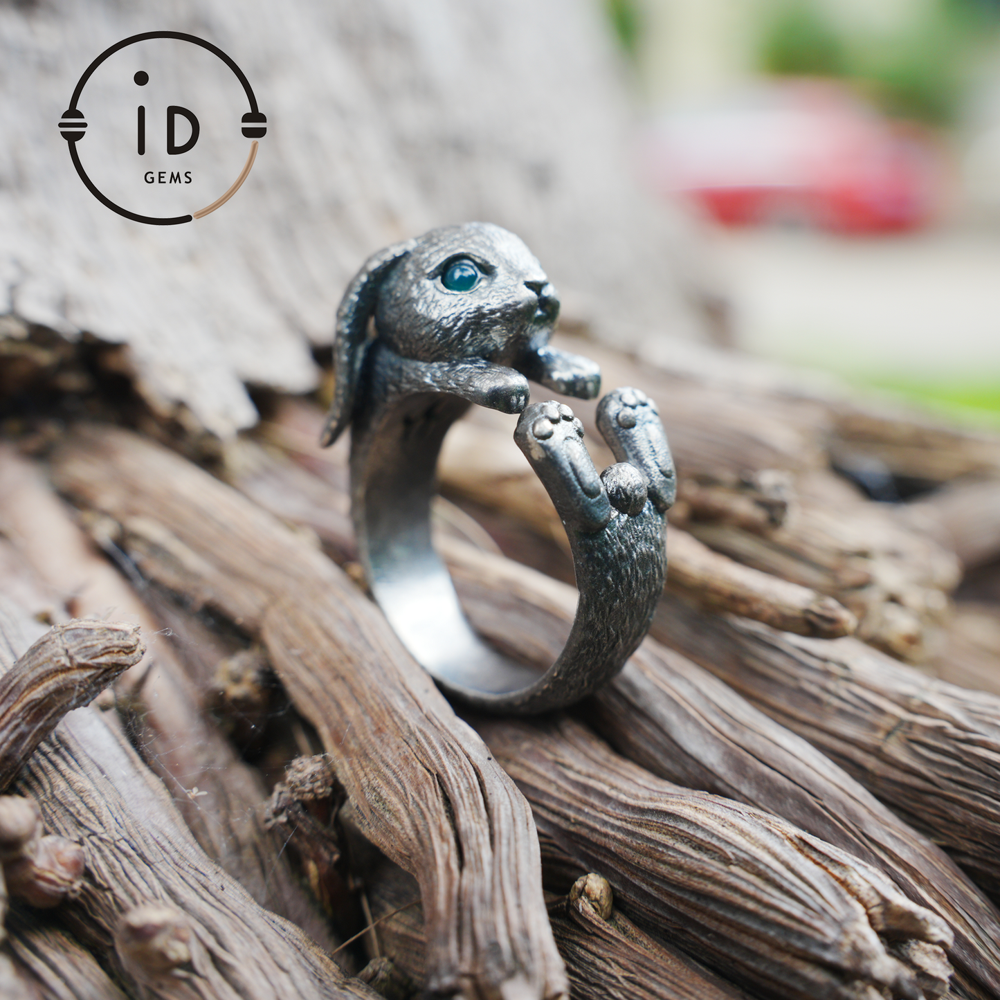 Handcrafted Rabbit Ring with Green Zircon, Spring Awakening Symbol, Unique Silver Jewelry