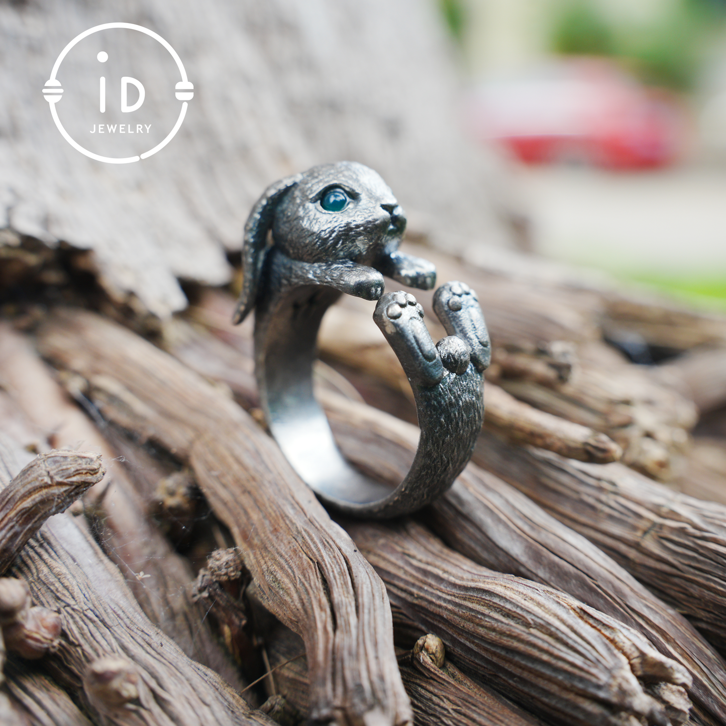 Handcrafted Rabbit Ring with Green Zircon, Spring Awakening Symbol, Unique Silver Jewelry