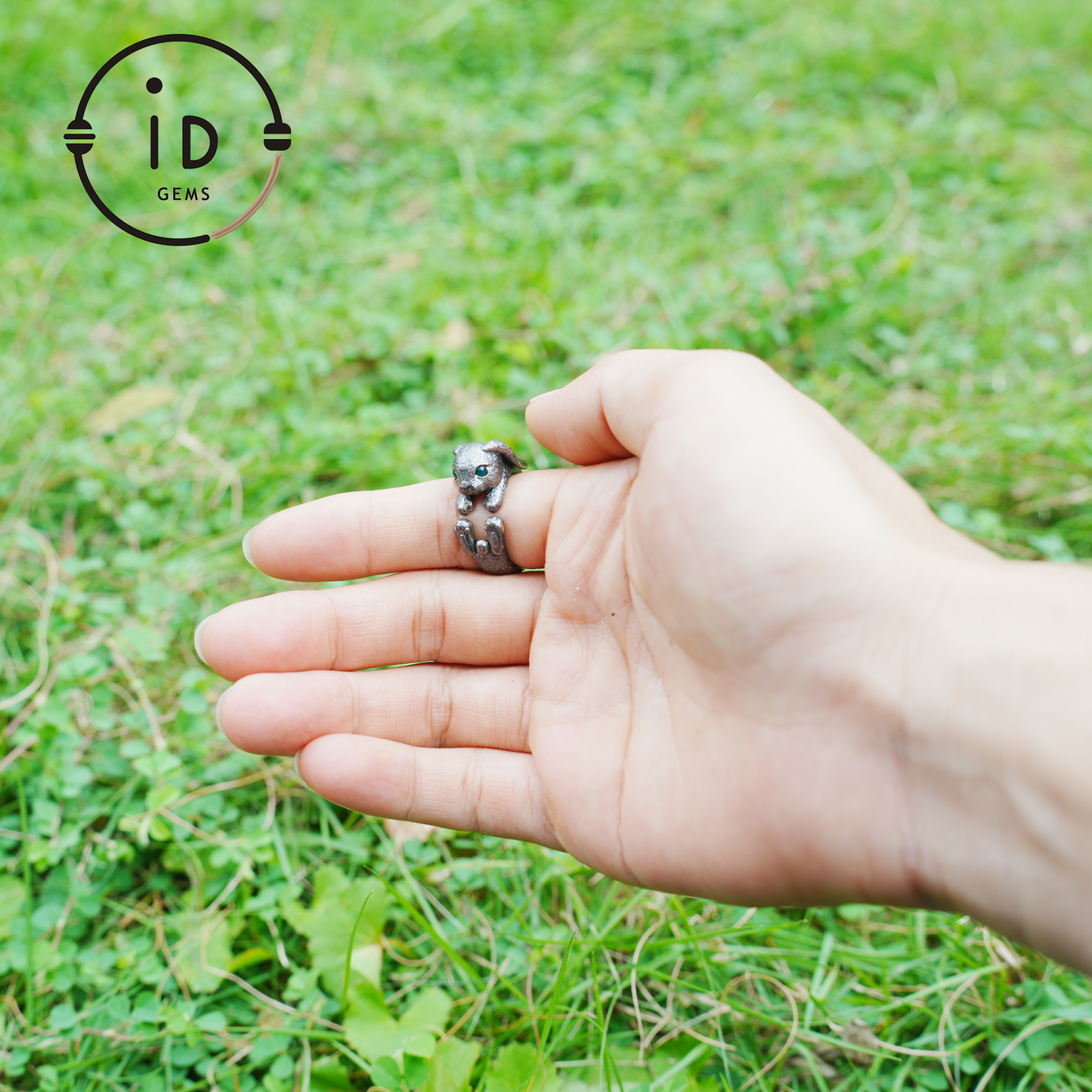 Handcrafted Rabbit Ring with Green Zircon, Spring Awakening Symbol, Unique Silver Jewelry