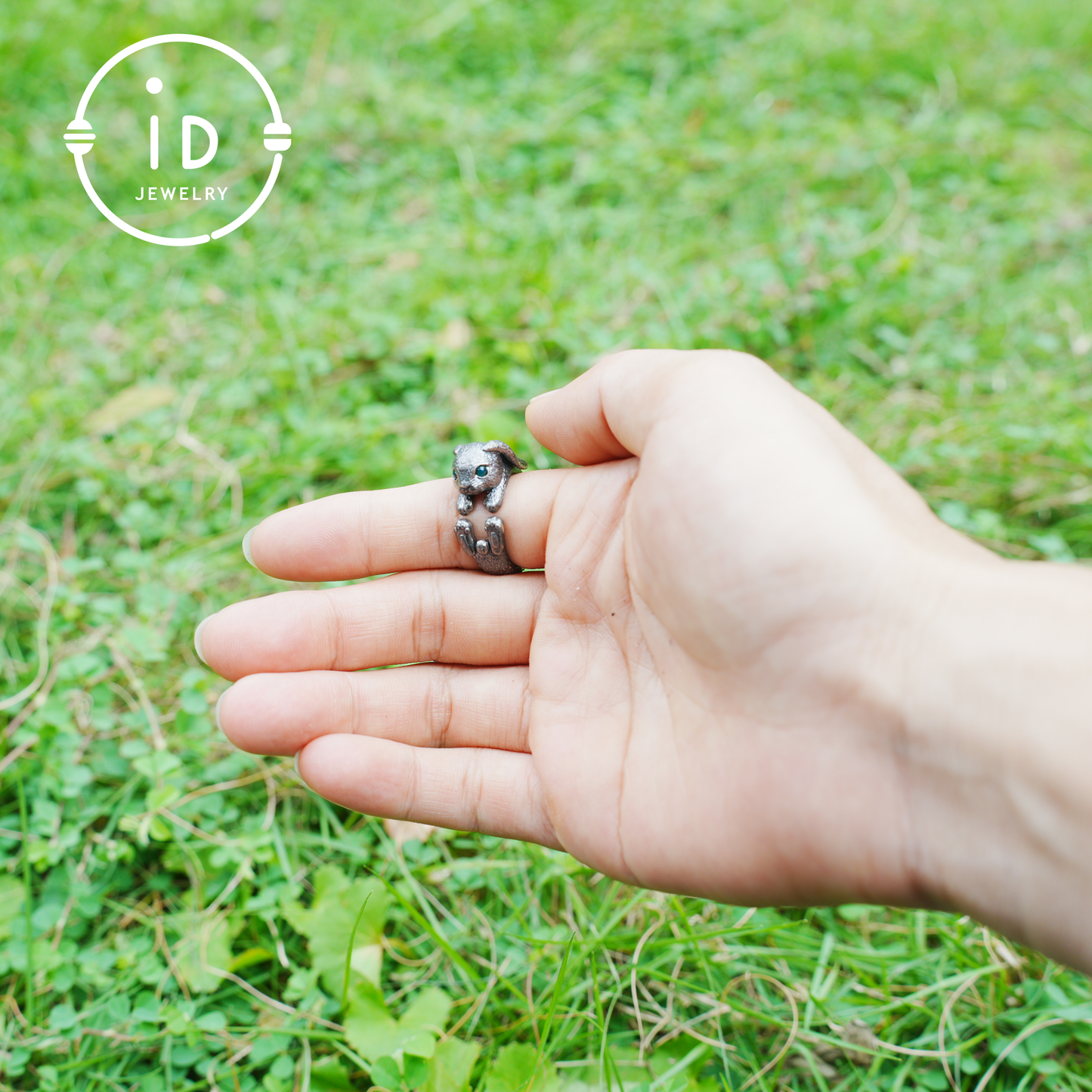 Handcrafted Rabbit Ring with Green Zircon, Spring Awakening Symbol, Unique Silver Jewelry
