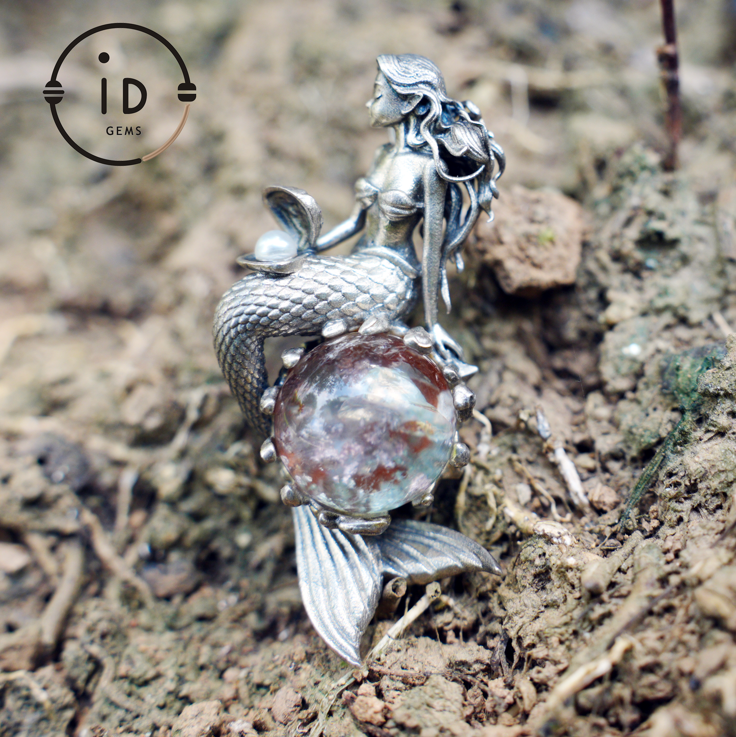 Mermaid Wish Talisman Pendant with Ghost Stone and Pearl, Fantasy Ocean Jewelry, Handcrafted Mythical Sea Spirit Amulet Necklace