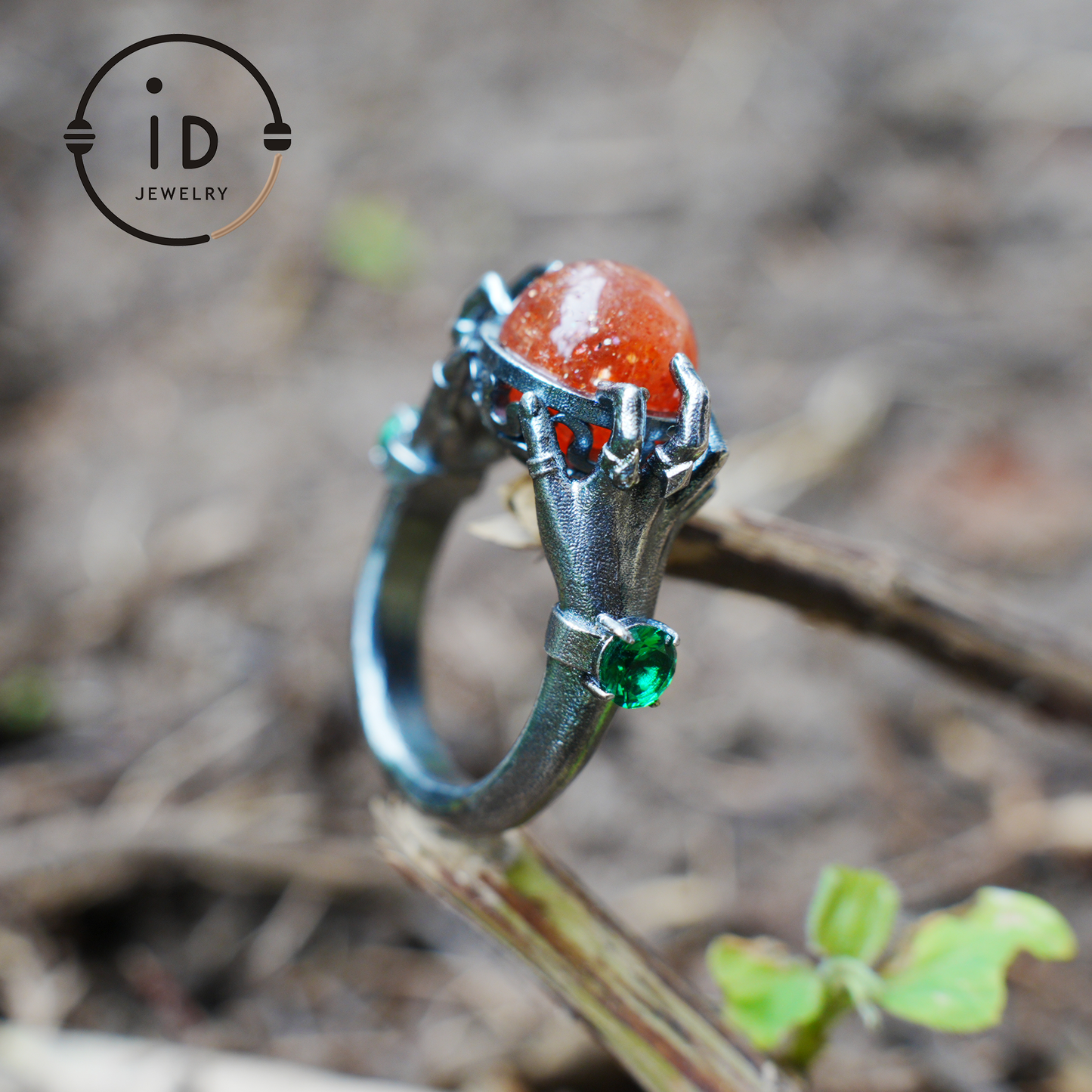 Gothic Style Sunstone Ring in 925 Sterling Silver with Green Zircon Stone Gift for Her Halloween Fantasy Statement Jewelry
