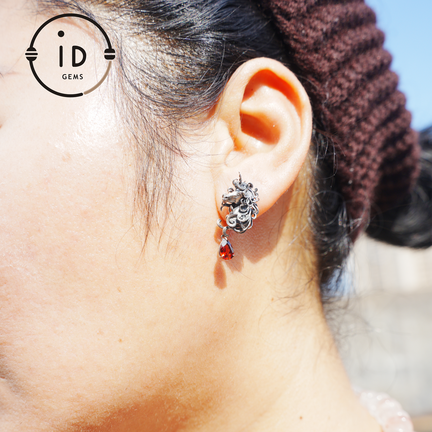Unicorn Earrings with Garnet Drop, Fantasy Gothic Jewelry, Handcrafted Mythical Creatures, Symbolic Gift for Vow and Protection