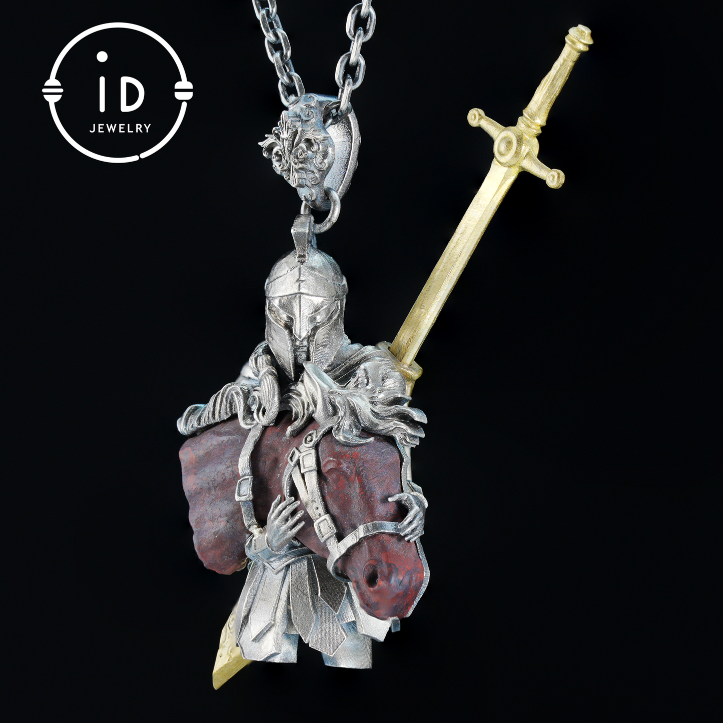 Medieval Knight Pendant with Bloodstone in 925 Sterling Silver, Warrior Necklace for Men, Birthday Gift Idea, Antique Style Jewelry