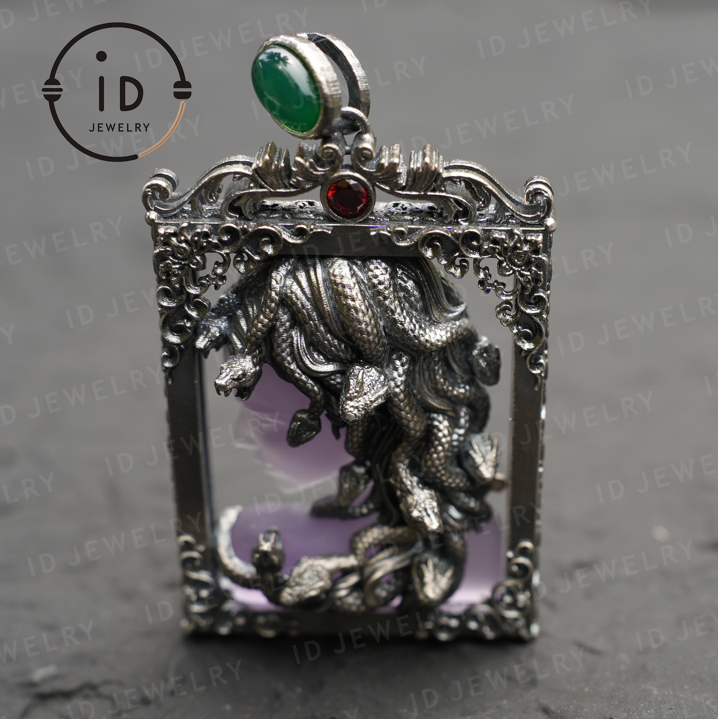 Medusa Pendant in Gothic Style – Handmade Art Jewelry with Amethyst, Chalcedony, Greek Mythology Symbol, Dark Fantasy Statement Piece