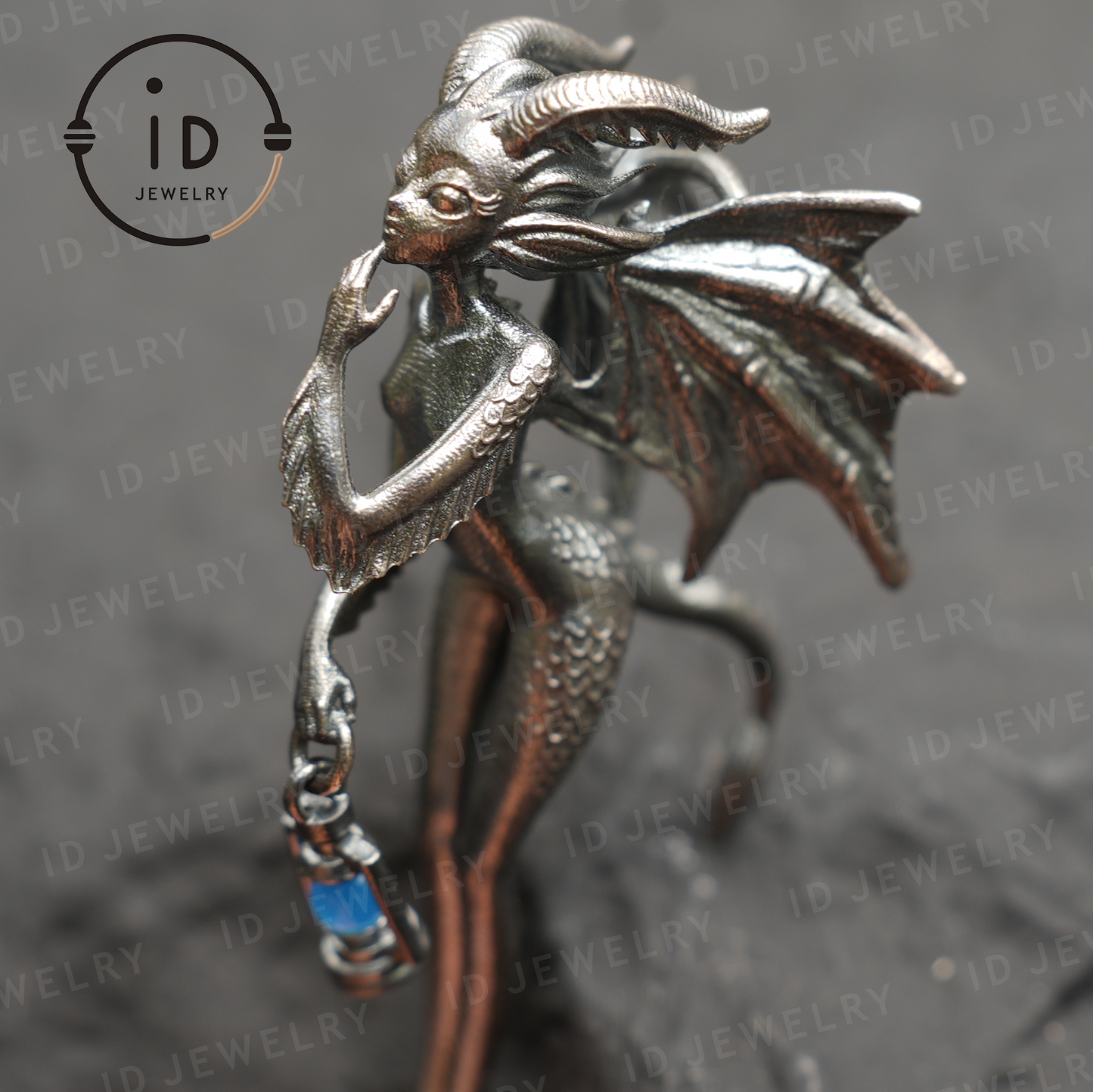 Dragon Girl Pendant – Fantasy Winged Creature Jewelry with Green Chalcedony, Handmade Gothic Fairy Charm, Mythical Lantern Design