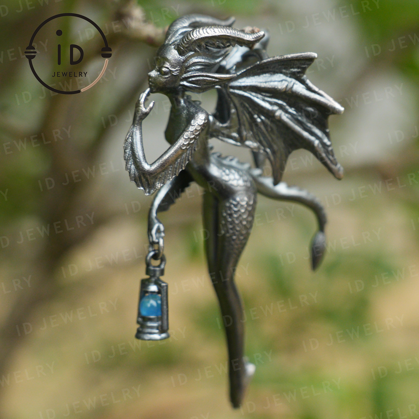 Dragon Girl Pendant – Fantasy Winged Creature Jewelry with Green Chalcedony, Handmade Gothic Fairy Charm, Mythical Lantern Design