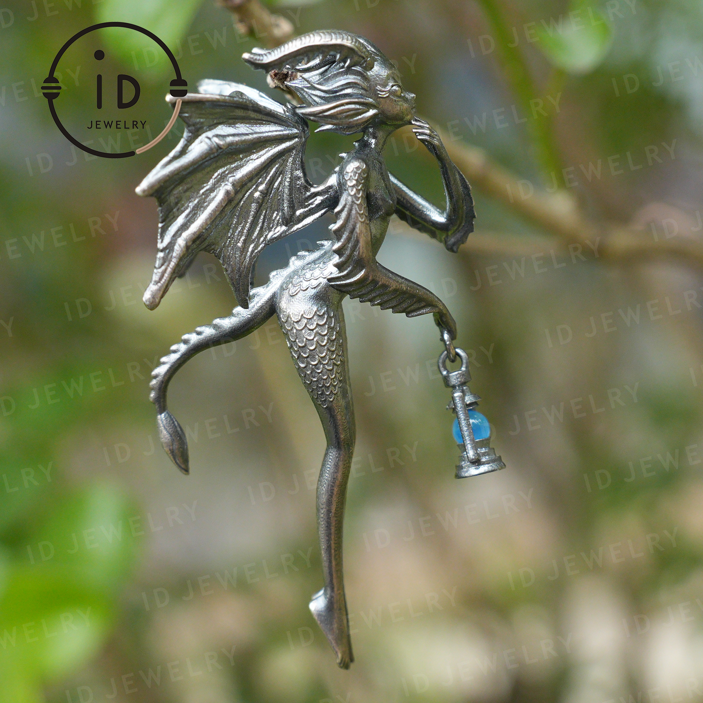 Dragon Girl Pendant – Fantasy Winged Creature Jewelry with Green Chalcedony, Handmade Gothic Fairy Charm, Mythical Lantern Design