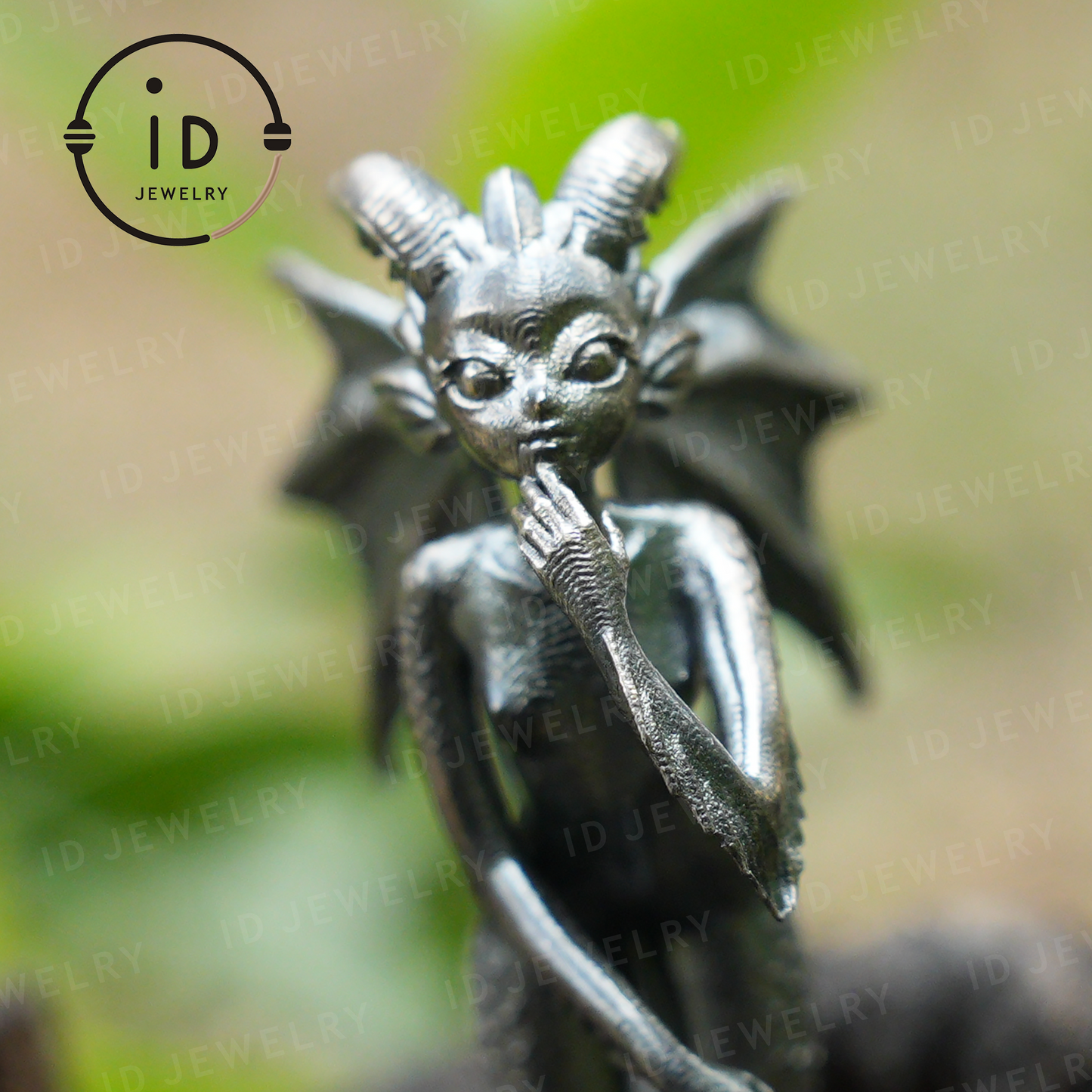 Dragon Girl Pendant – Fantasy Winged Creature Jewelry with Green Chalcedony, Handmade Gothic Fairy Charm, Mythical Lantern Design