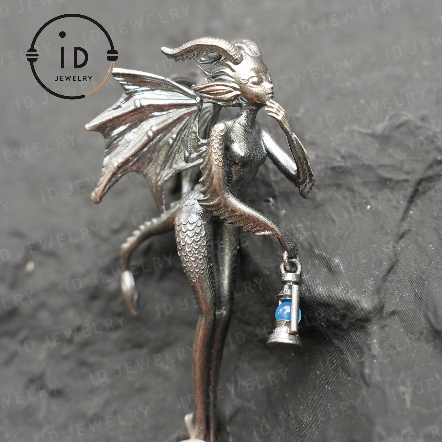 Dragon Girl Pendant – Fantasy Winged Creature Jewelry with Green Chalcedony, Handmade Gothic Fairy Charm, Mythical Lantern Design