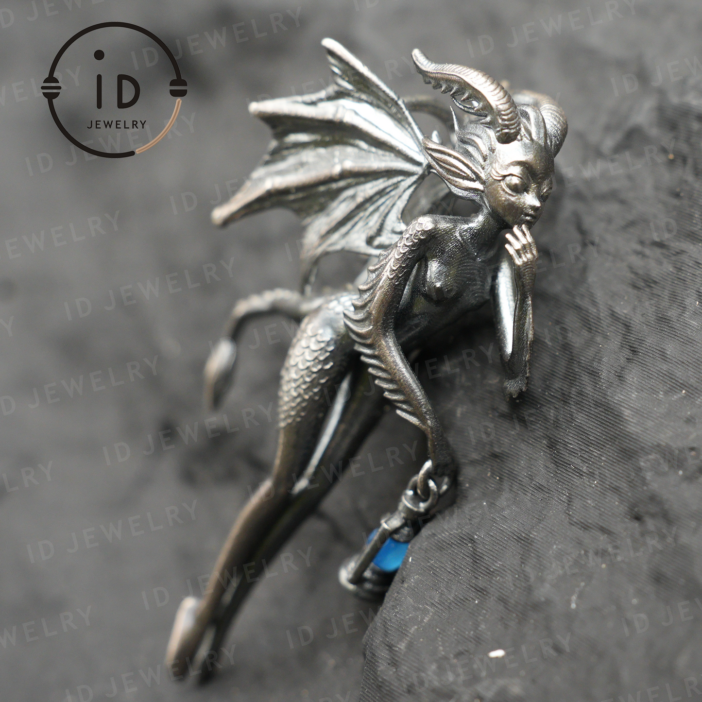 Dragon Girl Pendant – Fantasy Winged Creature Jewelry with Green Chalcedony, Handmade Gothic Fairy Charm, Mythical Lantern Design