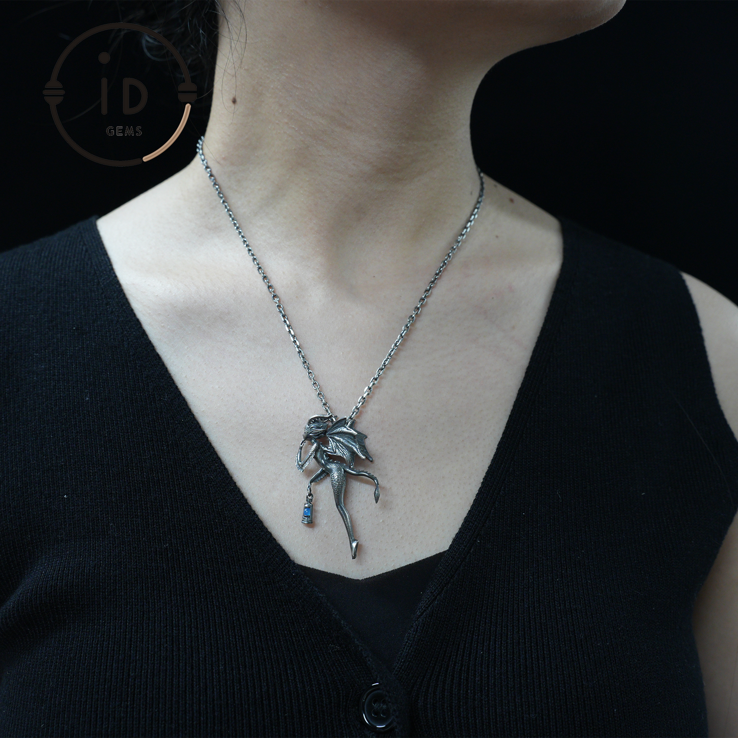 Dragon Girl Pendant – Fantasy Winged Creature Jewelry with Green Chalcedony, Handmade Gothic Fairy Charm, Mythical Lantern Design