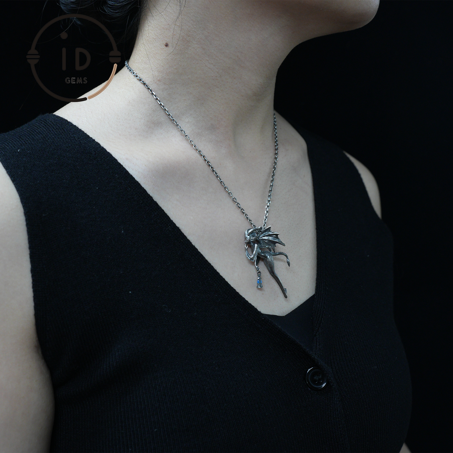 Dragon Girl Pendant – Fantasy Winged Creature Jewelry with Green Chalcedony, Handmade Gothic Fairy Charm, Mythical Lantern Design