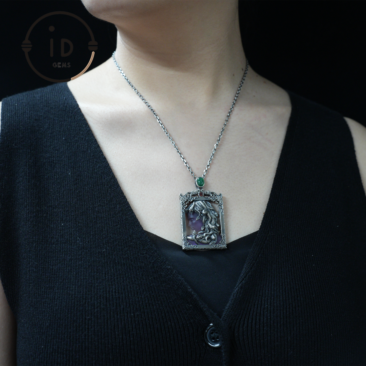 Medusa Pendant in Gothic Style – Handmade Art Jewelry with Amethyst, Chalcedony, Greek Mythology Symbol, Dark Fantasy Statement Piece