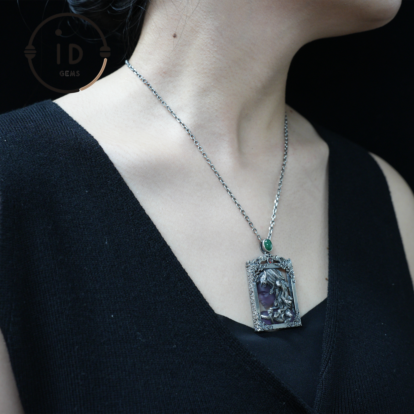 Medusa Pendant in Gothic Style – Handmade Art Jewelry with Amethyst, Chalcedony, Greek Mythology Symbol, Dark Fantasy Statement Piece