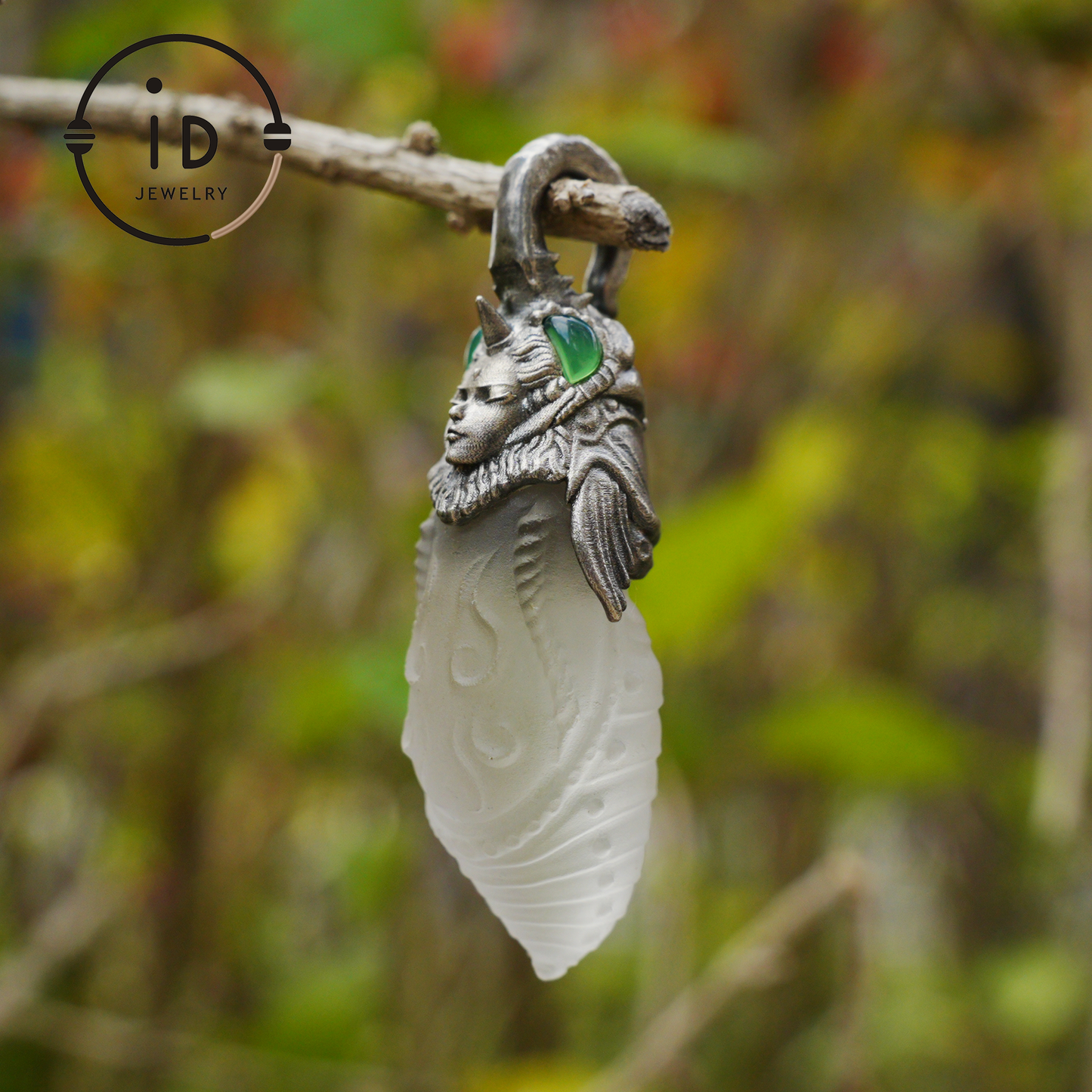 Carved Rock Crystal Pendant in 925 Silver with Green Chalcedony in Gothic Totem Style, Gift for Her or Spiritual Jewelry Lovers