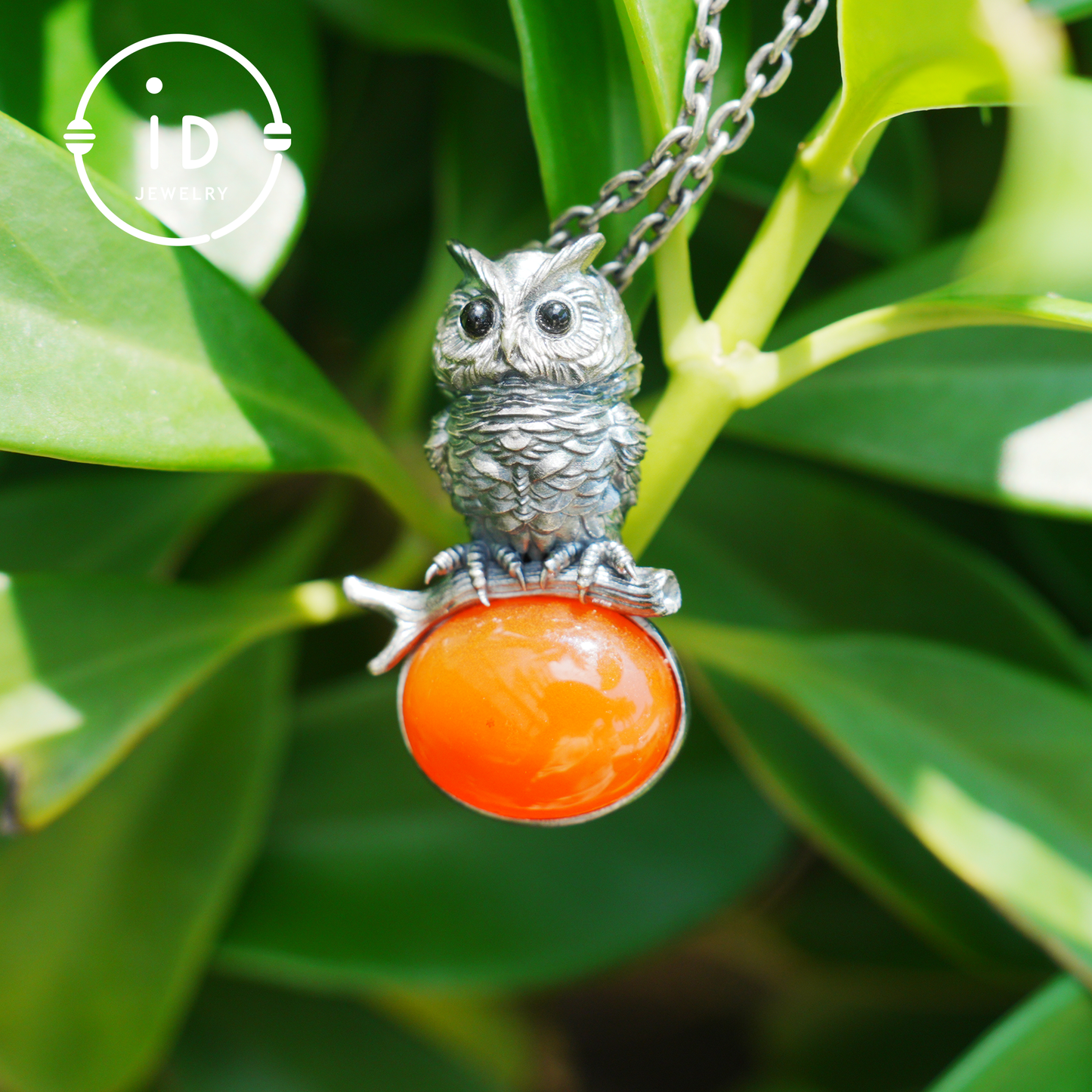 Eulenkette im Natur-Stil | Handgefertigtes 925er Sterlingsilber | Karneol-Cabochon & Onyx-Augen | Feine Federgravur | Handgefertigtes Geschenk
