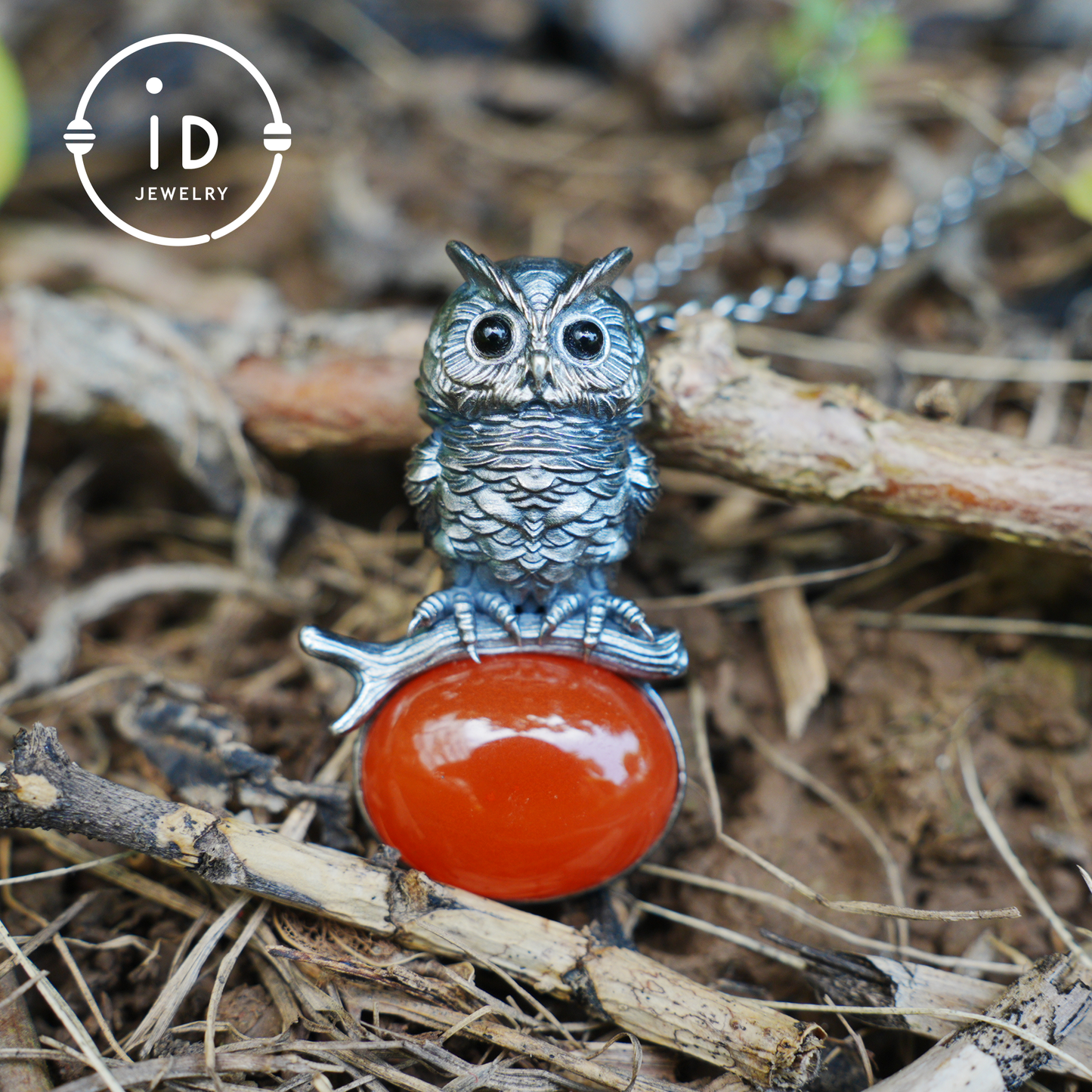 Eulenkette im Natur-Stil | Handgefertigtes 925er Sterlingsilber | Karneol-Cabochon & Onyx-Augen | Feine Federgravur | Handgefertigtes Geschenk