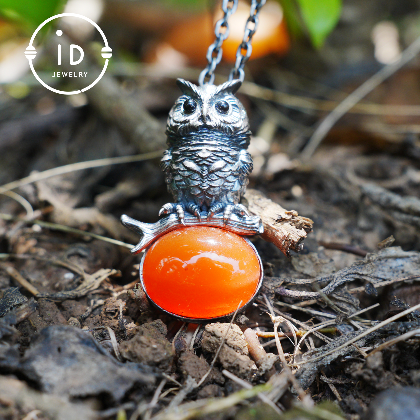 Eulenkette im Natur-Stil | Handgefertigtes 925er Sterlingsilber | Karneol-Cabochon & Onyx-Augen | Feine Federgravur | Handgefertigtes Geschenk