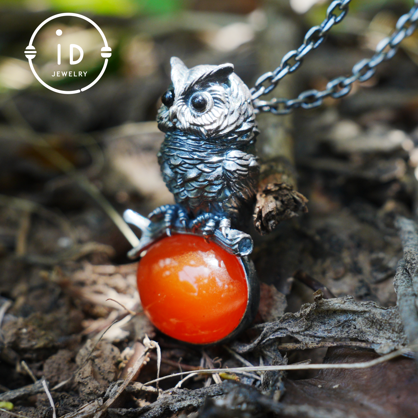 Eulenkette im Natur-Stil | Handgefertigtes 925er Sterlingsilber | Karneol-Cabochon & Onyx-Augen | Feine Federgravur | Handgefertigtes Geschenk