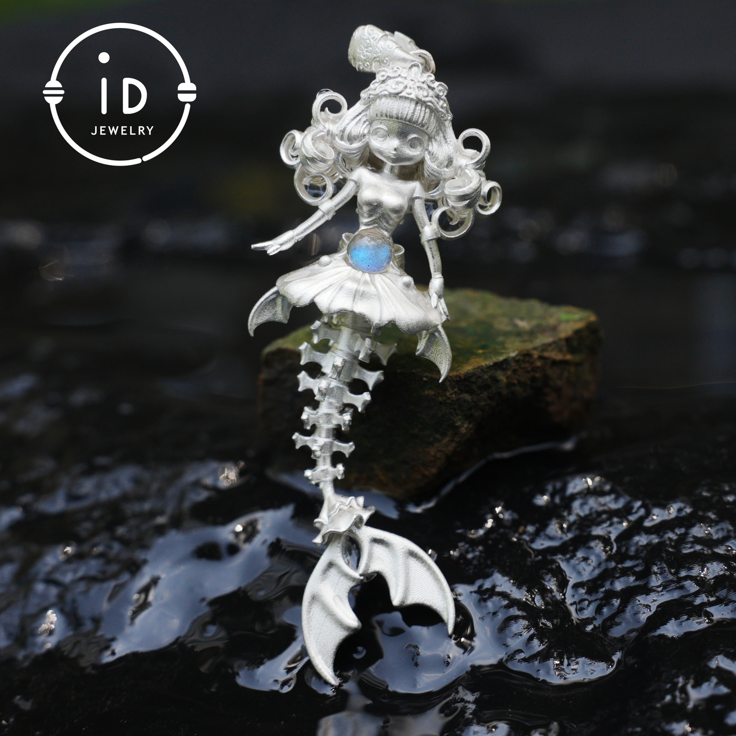 Handgeschnitzte Halskette mit Anhänger in Form eines Meerjungfrauenskeletts | Meerjungfrauenknochen + Labradorit-Blitz | Handgefertigte Halskette mit Amulett aus 925er Sterlingsilber mit Ozean-Motiv