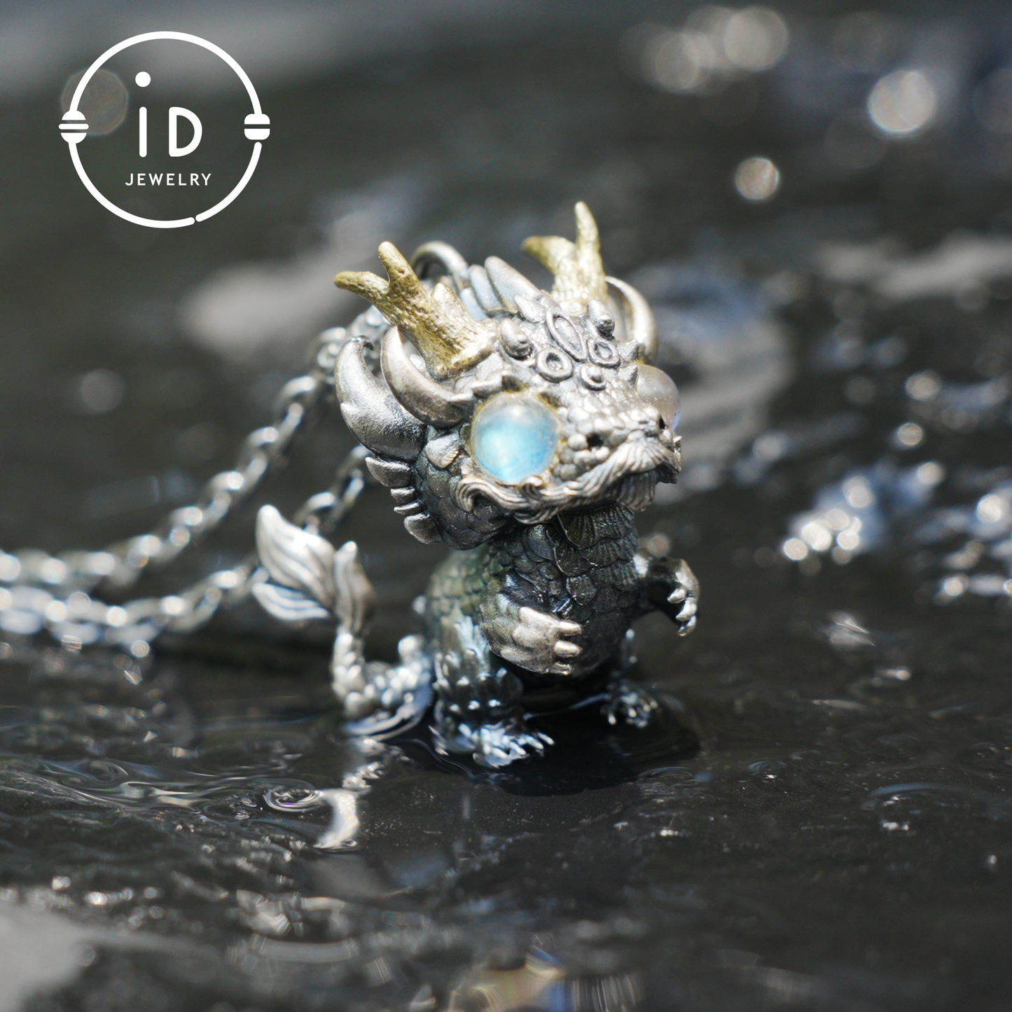 Handgefertigter Fantasy-Schmuck | Drachen-Totem-Halskette | Silber-Kupfer-Zweifarbige Hornkrone | Labradorit-Blaues Auge | Handgefertigtes Geschenk