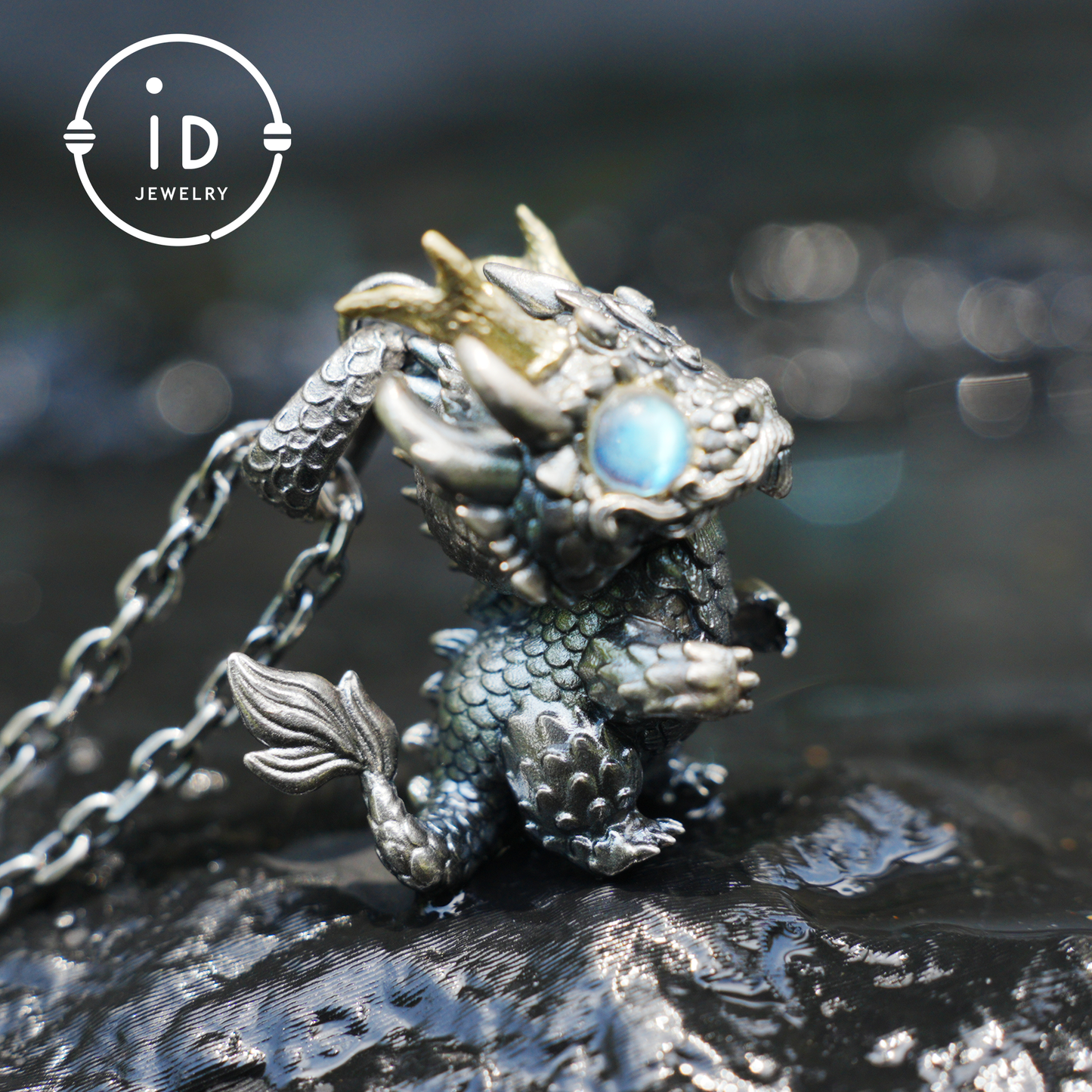 Handgefertigter Fantasy-Schmuck | Drachen-Totem-Halskette | Silber-Kupfer-Zweifarbige Hornkrone | Labradorit-Blaues Auge | Handgefertigtes Geschenk