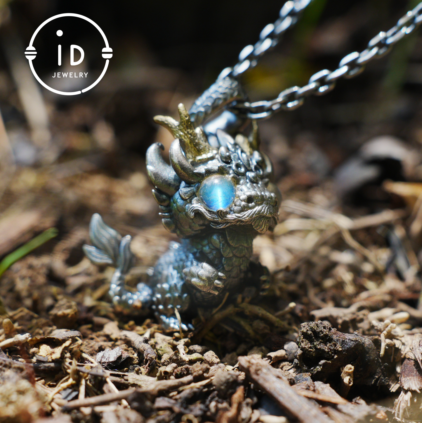 Handgefertigter Fantasy-Schmuck | Drachen-Totem-Halskette | Silber-Kupfer-Zweifarbige Hornkrone | Labradorit-Blaues Auge | Handgefertigtes Geschenk