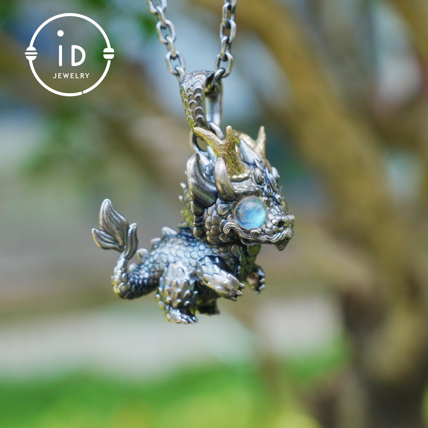 Handgefertigter Fantasy-Schmuck | Drachen-Totem-Halskette | Silber-Kupfer-Zweifarbige Hornkrone | Labradorit-Blaues Auge | Handgefertigtes Geschenk