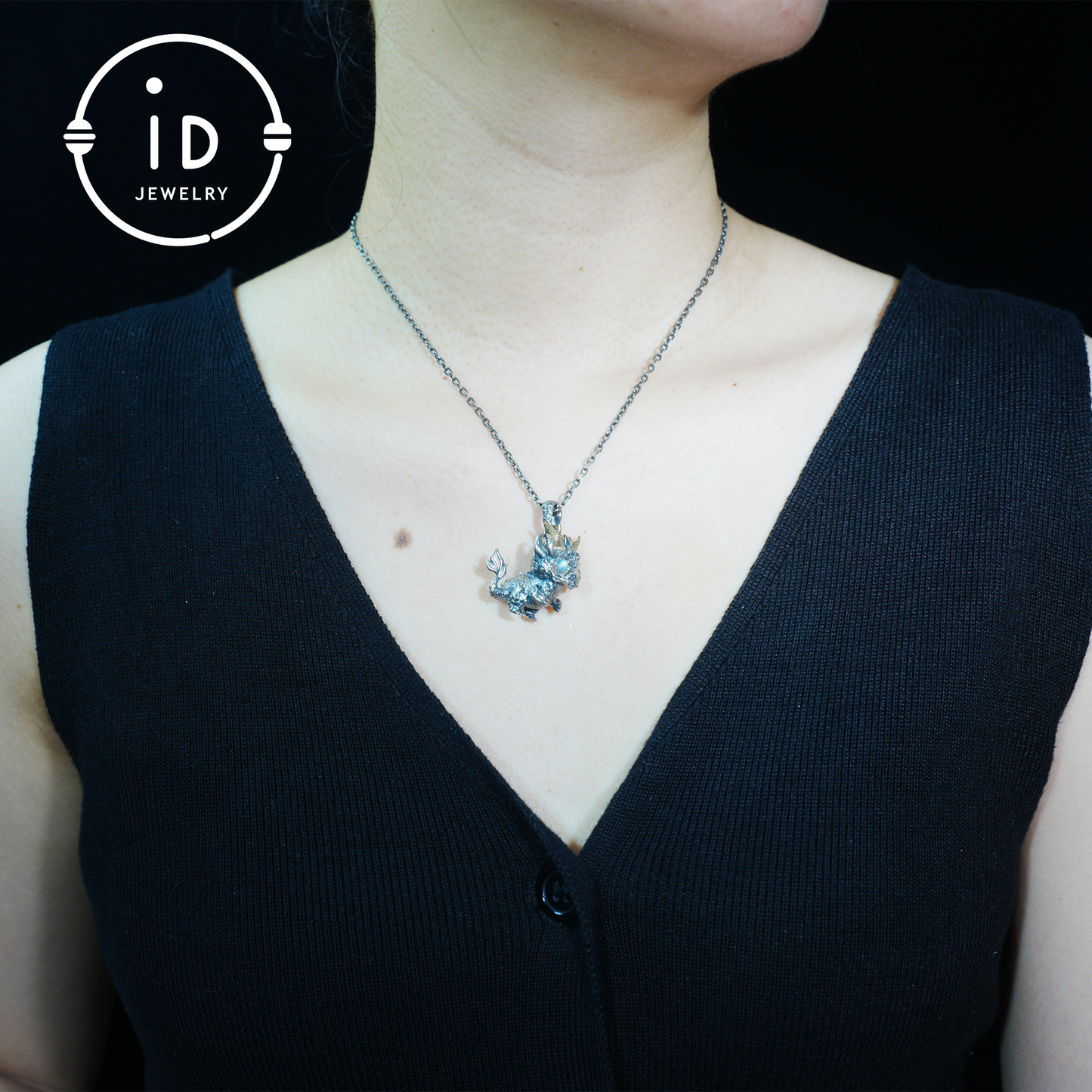 Handgefertigter Fantasy-Schmuck | Drachen-Totem-Halskette | Silber-Kupfer-Zweifarbige Hornkrone | Labradorit-Blaues Auge | Handgefertigtes Geschenk