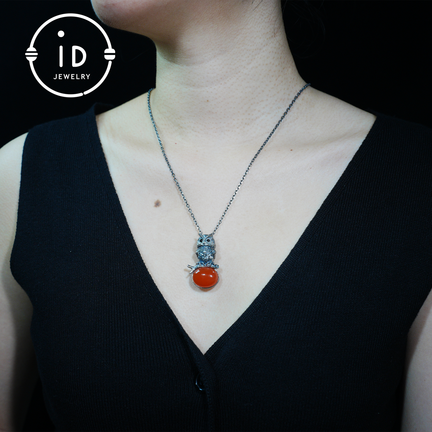 Eulenkette im Natur-Stil | Handgefertigtes 925er Sterlingsilber | Karneol-Cabochon & Onyx-Augen | Feine Federgravur | Handgefertigtes Geschenk
