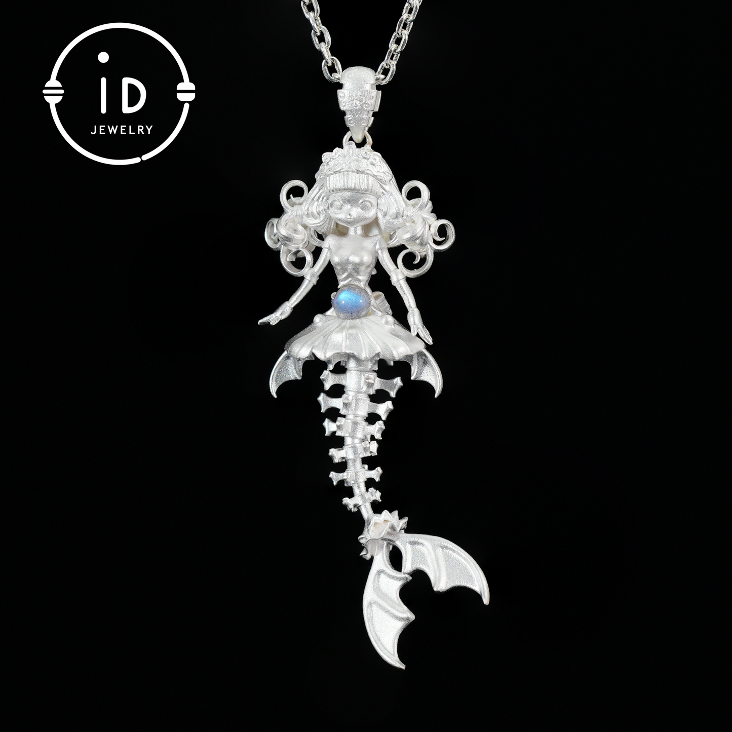 Handgeschnitzte Halskette mit Anhänger in Form eines Meerjungfrauenskeletts | Meerjungfrauenknochen + Labradorit-Blitz | Handgefertigte Halskette mit Amulett aus 925er Sterlingsilber mit Ozean-Motiv