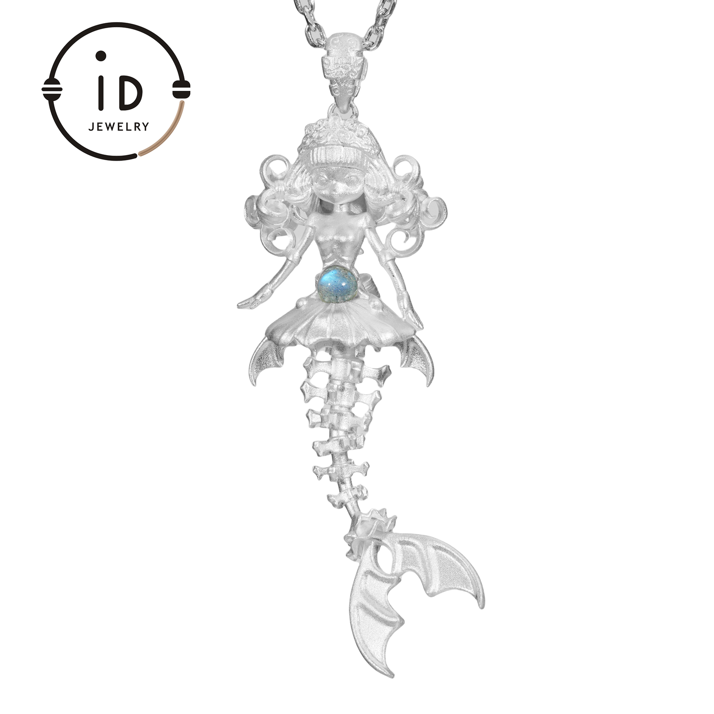 Handgeschnitzte Halskette mit Anhänger in Form eines Meerjungfrauenskeletts | Meerjungfrauenknochen + Labradorit-Blitz | Handgefertigte Halskette mit Amulett aus 925er Sterlingsilber mit Ozean-Motiv