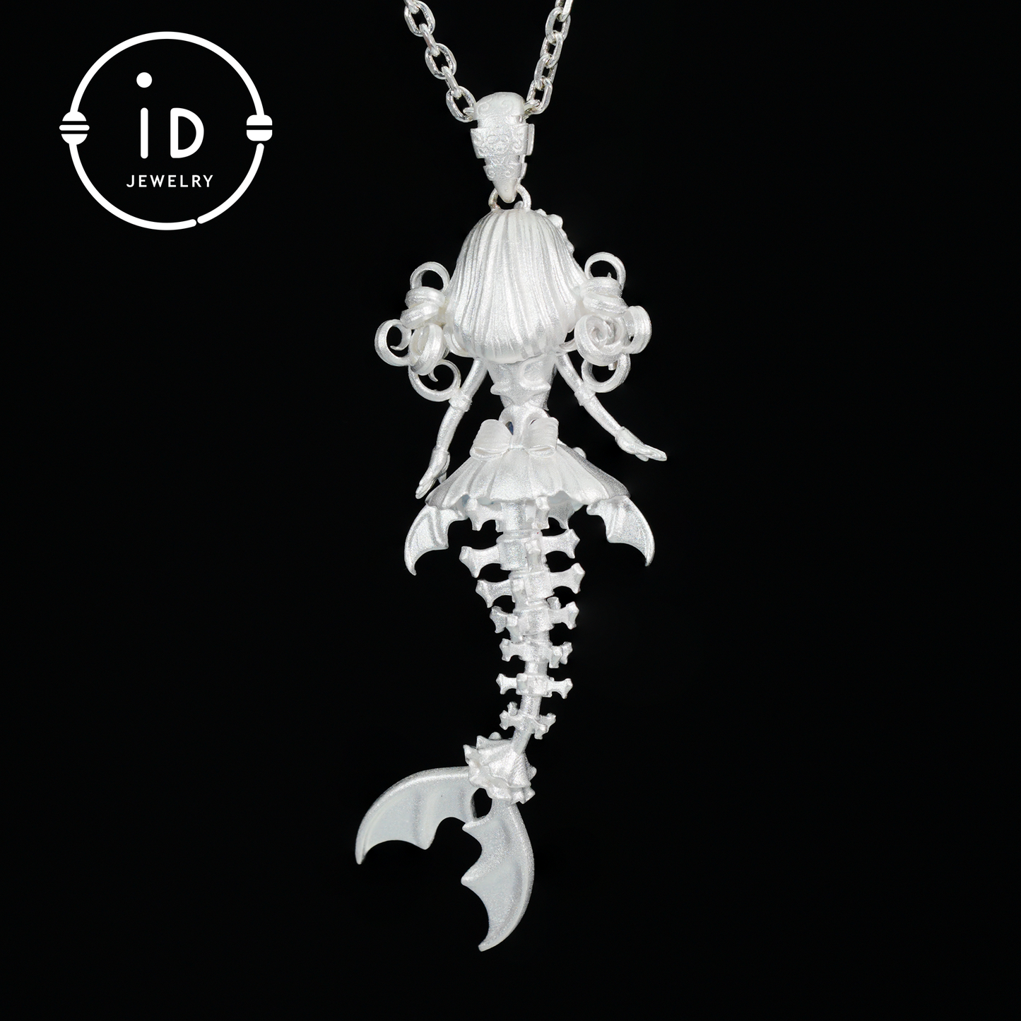 Handgeschnitzte Halskette mit Anhänger in Form eines Meerjungfrauenskeletts | Meerjungfrauenknochen + Labradorit-Blitz | Handgefertigte Halskette mit Amulett aus 925er Sterlingsilber mit Ozean-Motiv