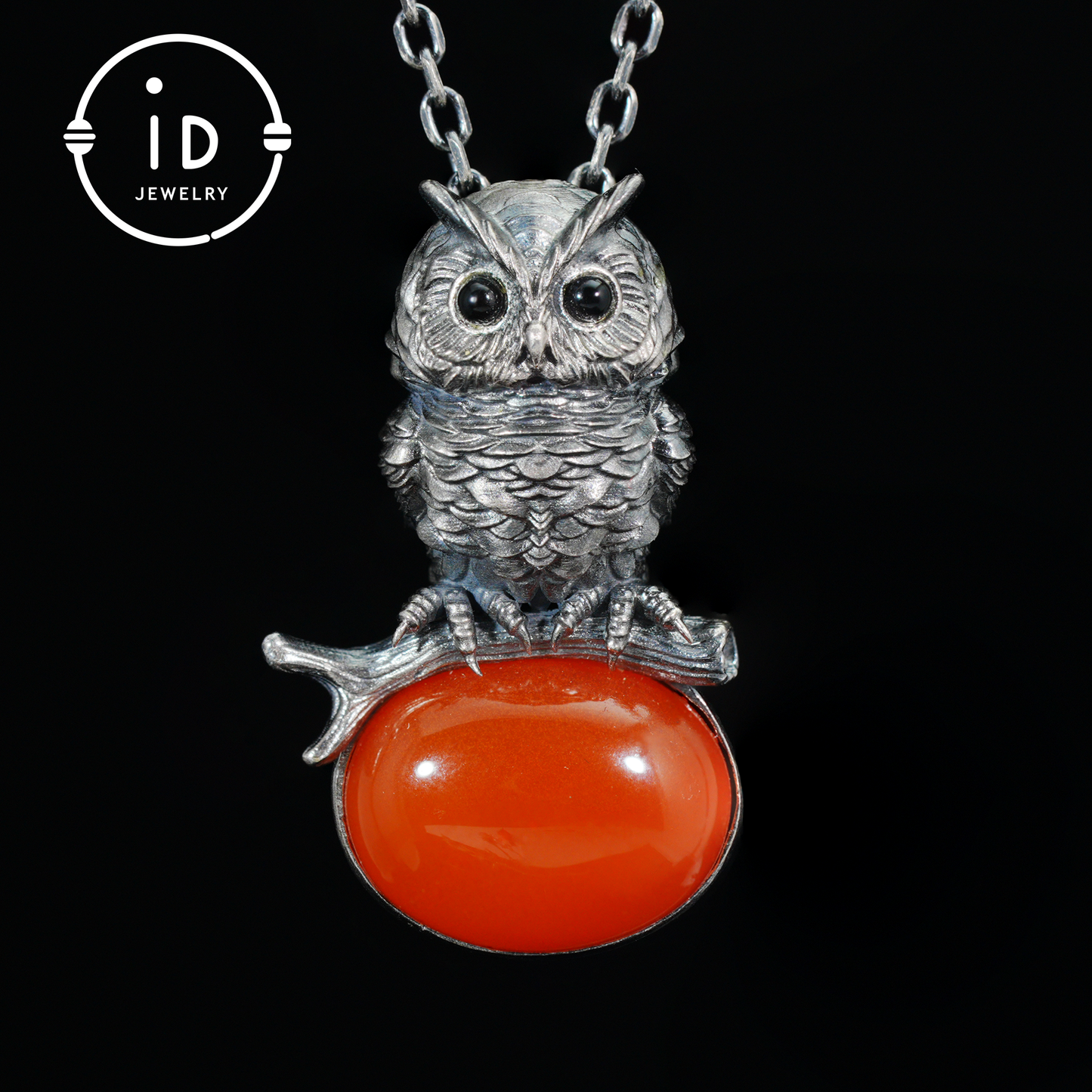 Eulenkette im Natur-Stil | Handgefertigtes 925er Sterlingsilber | Karneol-Cabochon & Onyx-Augen | Feine Federgravur | Handgefertigtes Geschenk