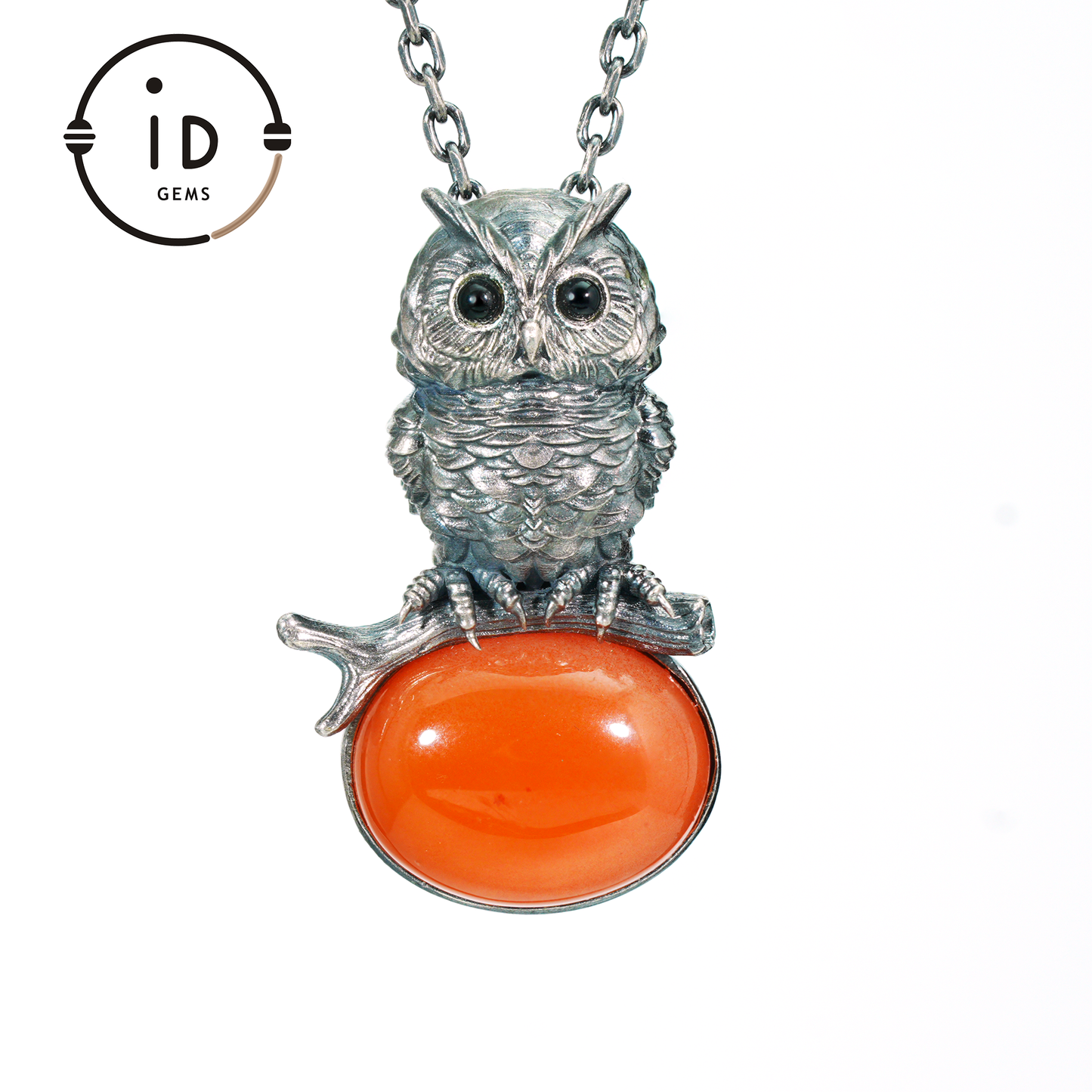 Eulenkette im Natur-Stil | Handgefertigtes 925er Sterlingsilber | Karneol-Cabochon & Onyx-Augen | Feine Federgravur | Handgefertigtes Geschenk