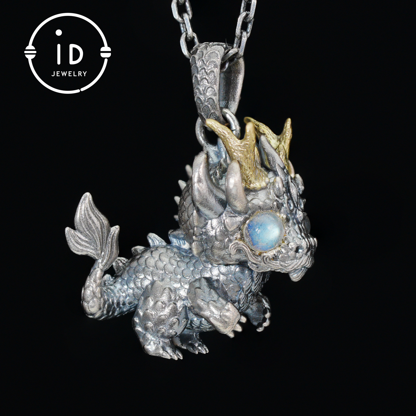 Handgefertigter Fantasy-Schmuck | Drachen-Totem-Halskette | Silber-Kupfer-Zweifarbige Hornkrone | Labradorit-Blaues Auge | Handgefertigtes Geschenk