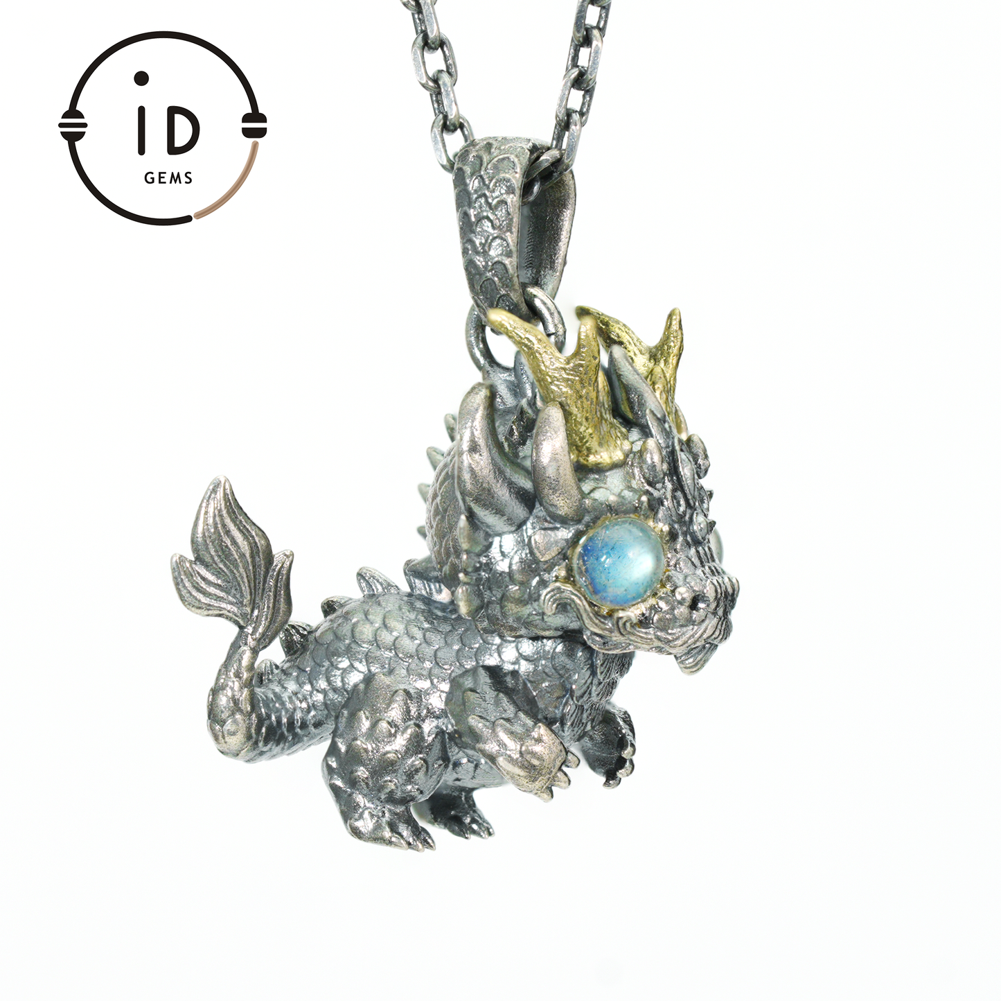Handgefertigter Fantasy-Schmuck | Drachen-Totem-Halskette | Silber-Kupfer-Zweifarbige Hornkrone | Labradorit-Blaues Auge | Handgefertigtes Geschenk