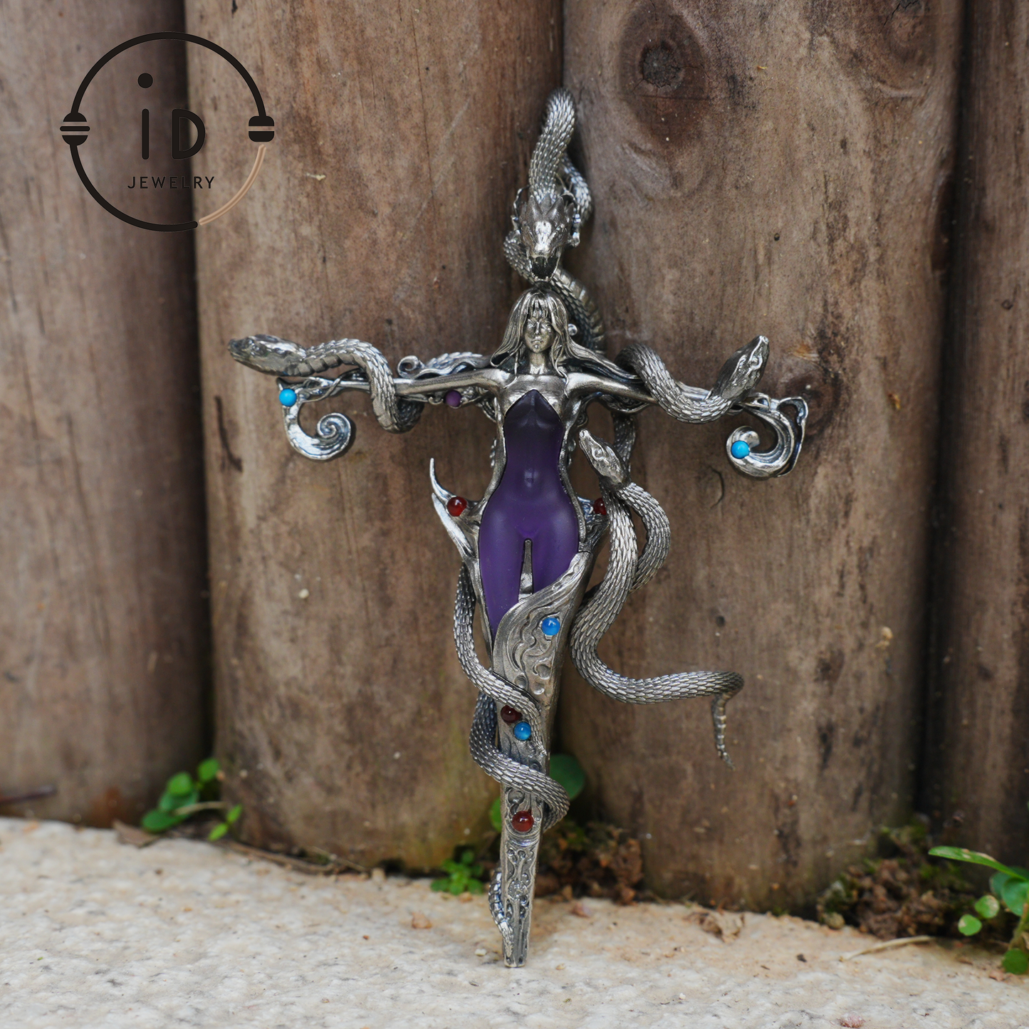 Gothic Snake Pendant in 925 Sterling Silver with Amethyst and Glass Accents, Mystical Totem Necklace Gift for Her or Him