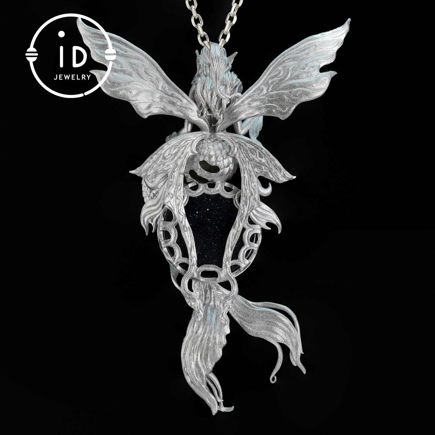 Silver Mermaid Pendant with Wings in 925 Sterling Silver with Pearl and Blue Goldstone, Gothic Vintage Style, Gift for Women