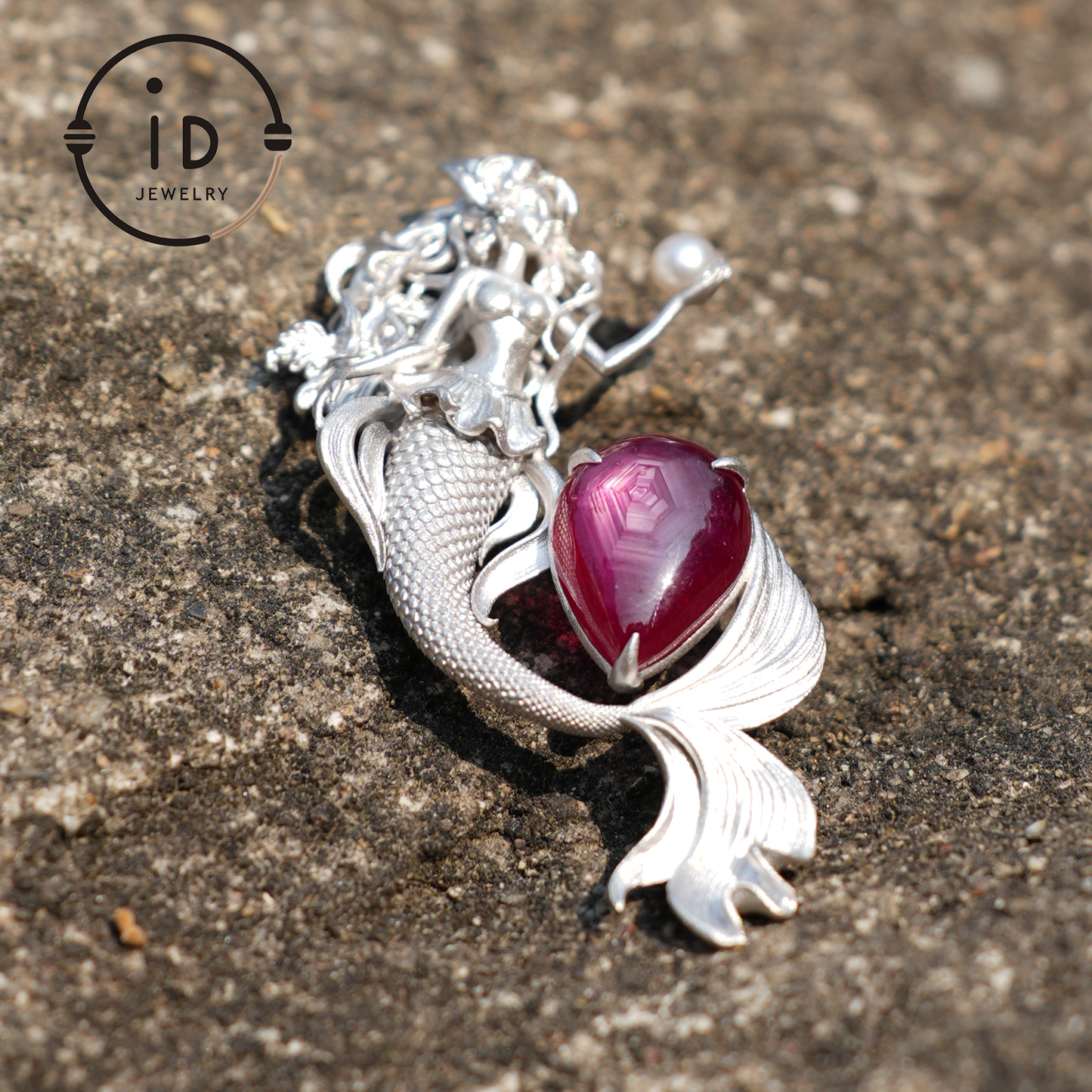 Meerjungfrau Anhänger | 925 Sterling Silber & Sternrubin | Handgefertigter Fantasy Schmuck