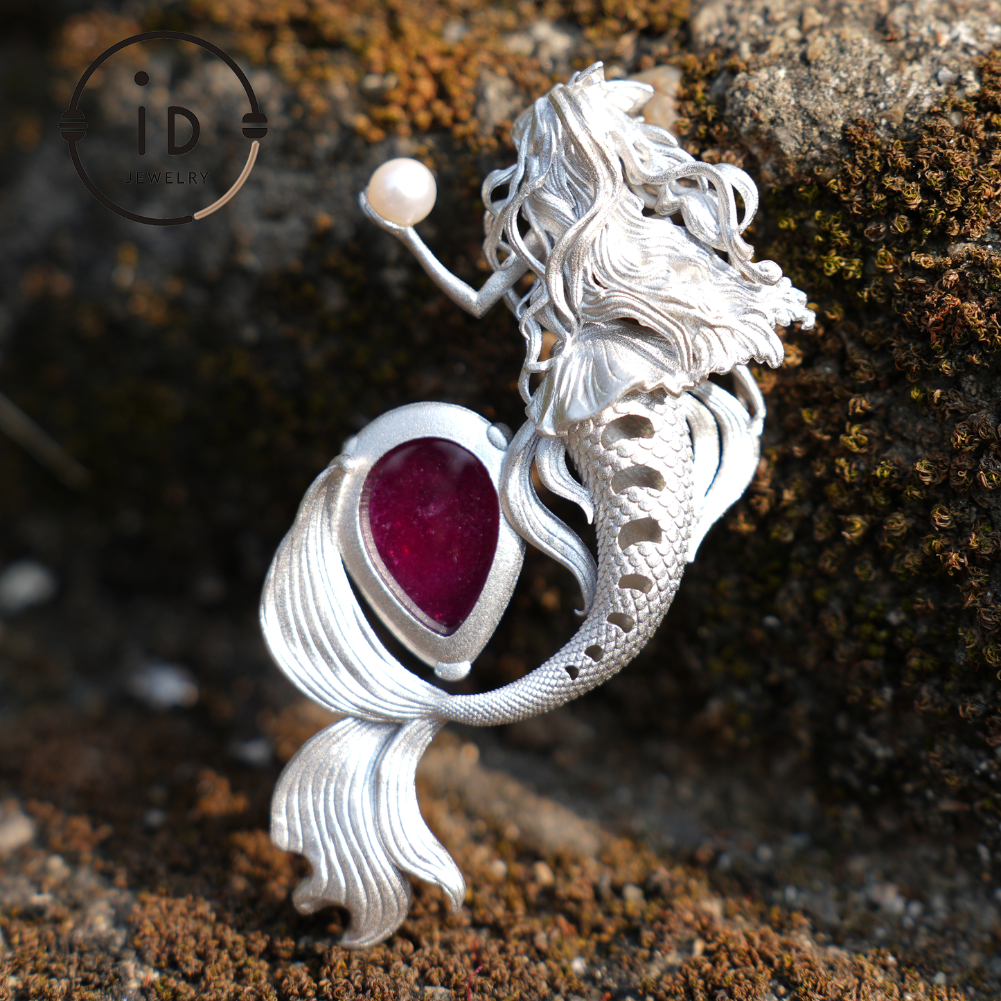 Meerjungfrau Anhänger | 925 Sterling Silber & Sternrubin | Handgefertigter Fantasy Schmuck