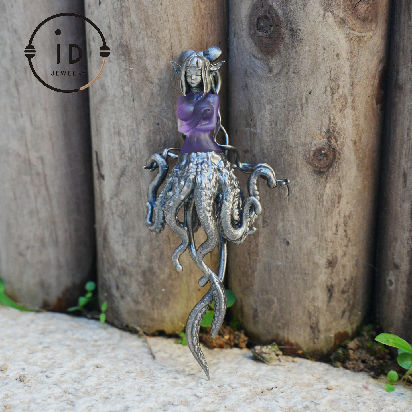 Large Amethyst Pendant in Oxidized 925 Silver with Tentacle Figure · Gothic Fantasy Style Necklace · Unique Halloween Jewelry Gift for Her