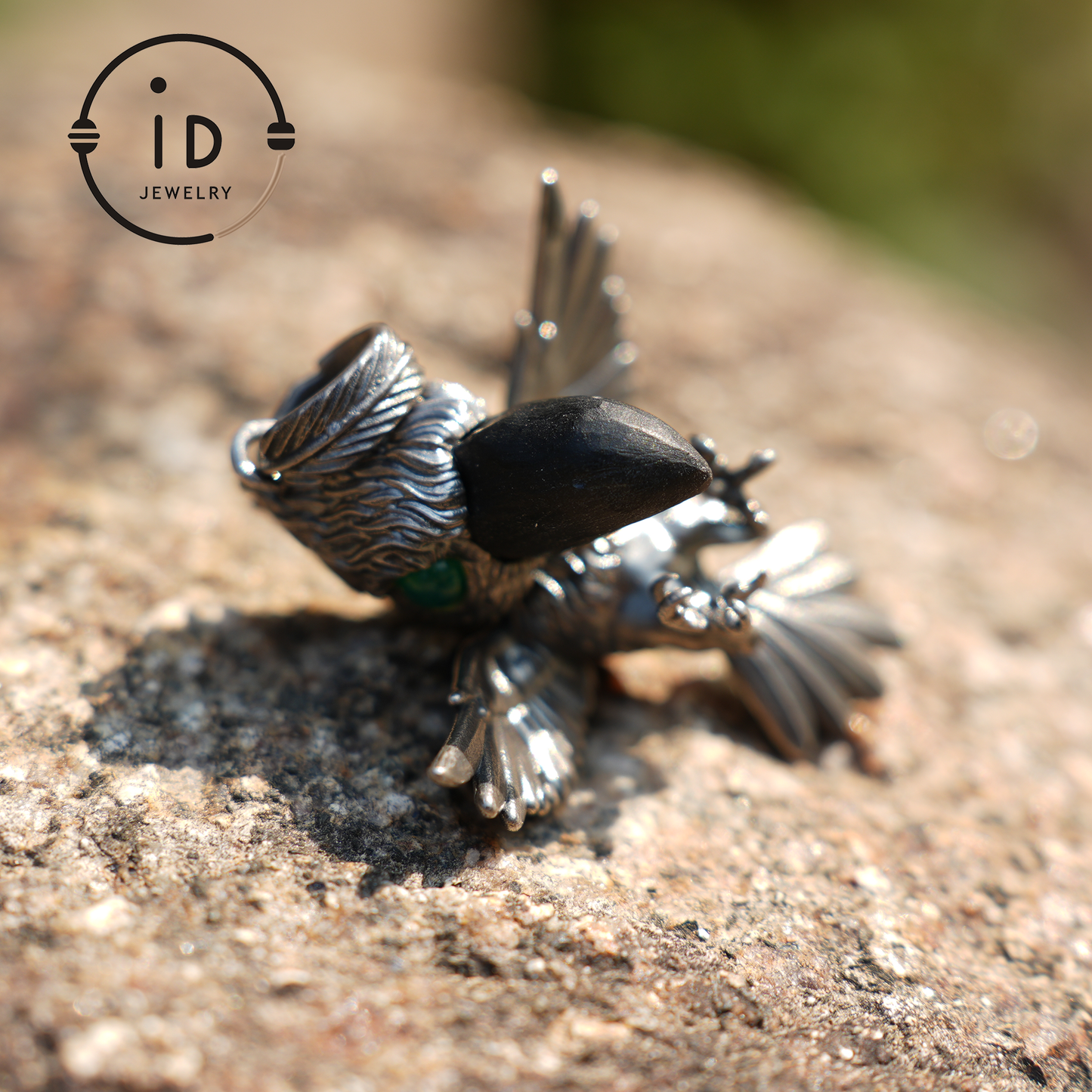 Schuhschnabel-Vogel-Anhänger | 925 Silber, Schwarzer Achat & Turmalin | Handgefertigter Naturschmuck