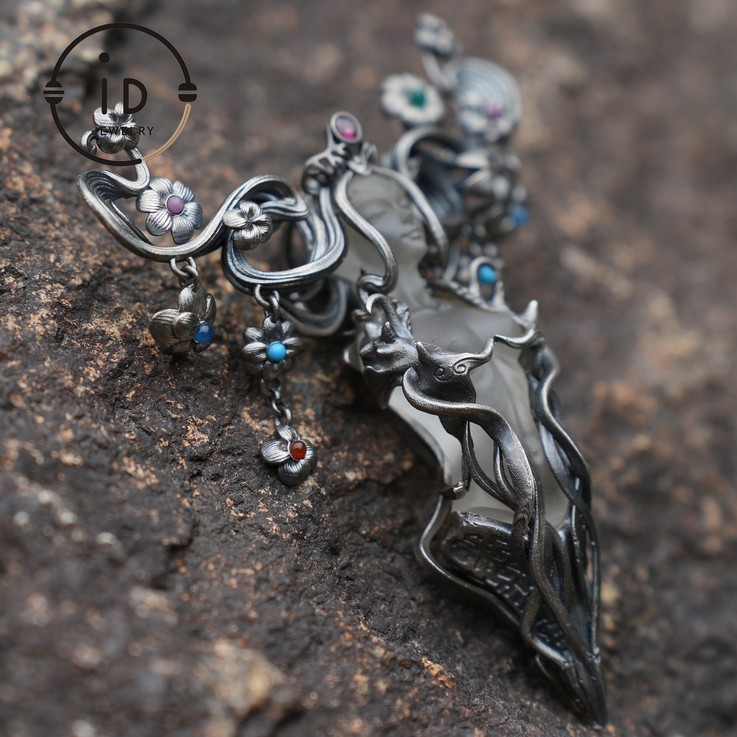 Goddess Flower Pendant Brooch | Handmade Jewelry with Onyx and Garnet | Elegant 925 Silver Design