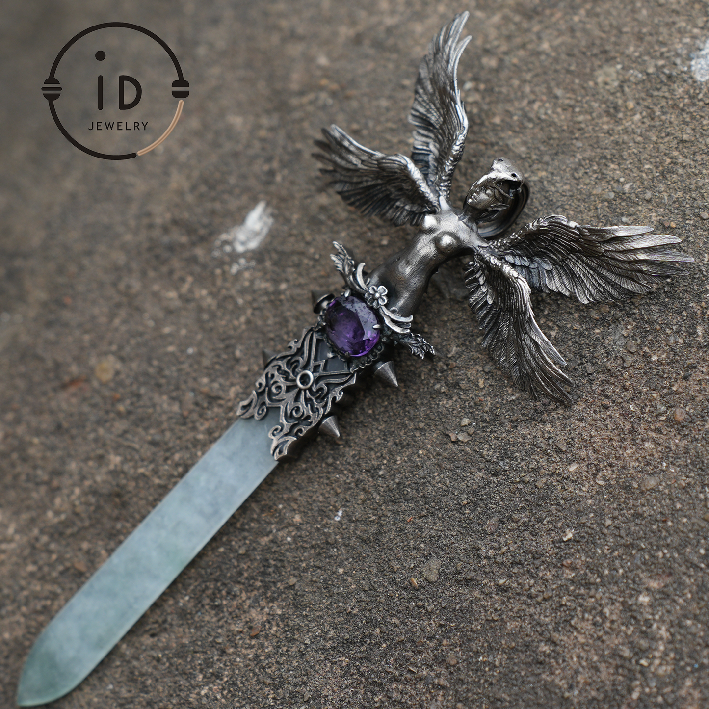 Guardian Wings Angel Pendant Brooch | 925 Silver Jewelry with Jade and Amethyst | Elegant Fantasy Jewelry with Wings
