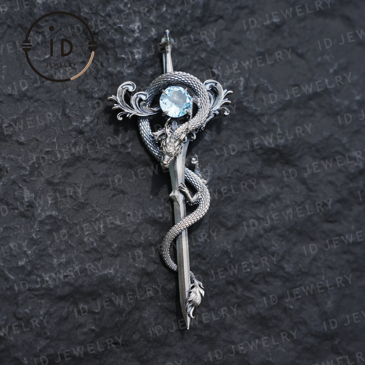 925 Silver Dragon Pendant Necklace|Natural Topaz Amulet|Medieval Fantasy Jewelry|Gothic Dragon Style|Spiritual Power Symbol