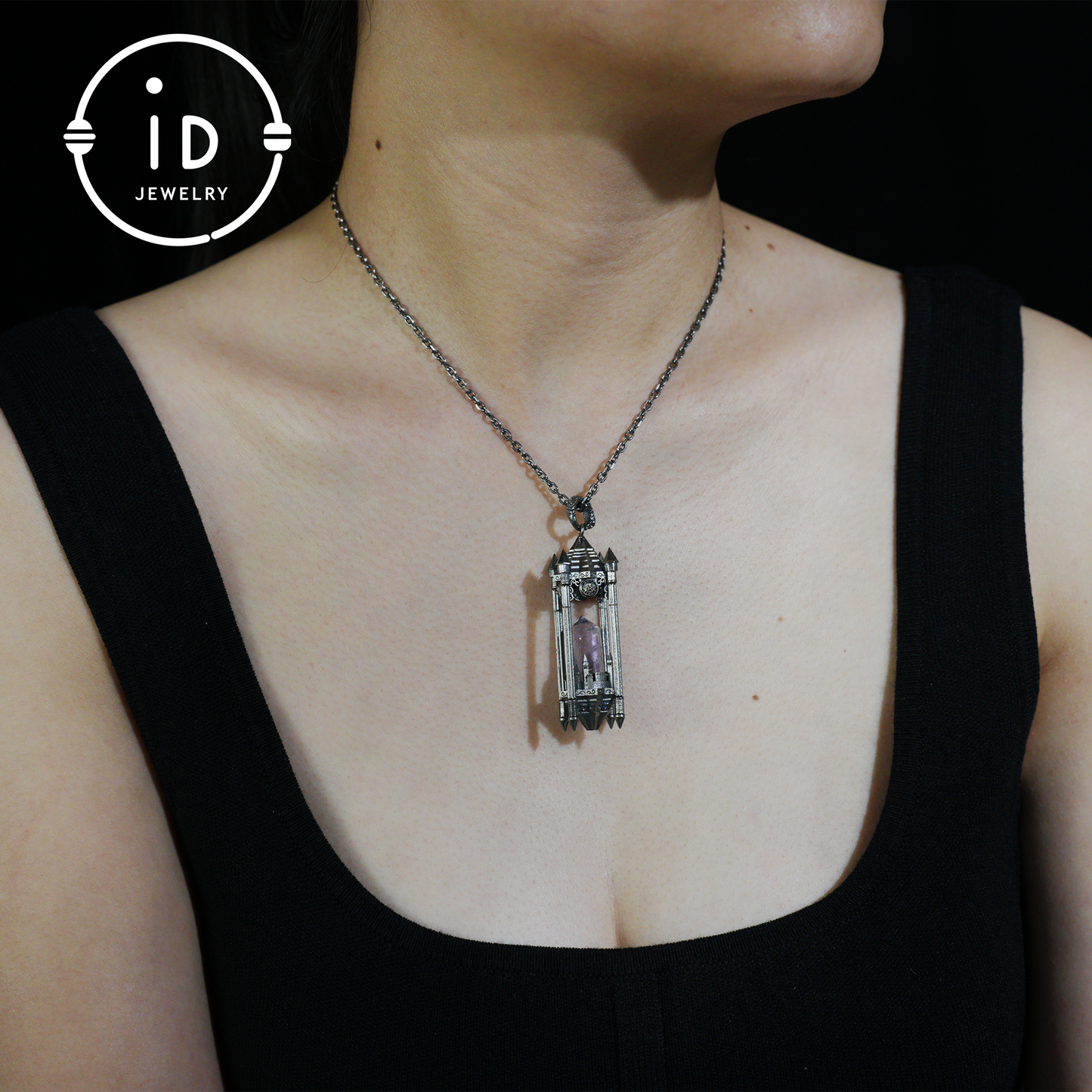 Architectural Amethyst Pendant|Natural Crystal Wrapped in Silver Columns|Focus Symbol for the Soul|Mystical Gothic Gift for Her
